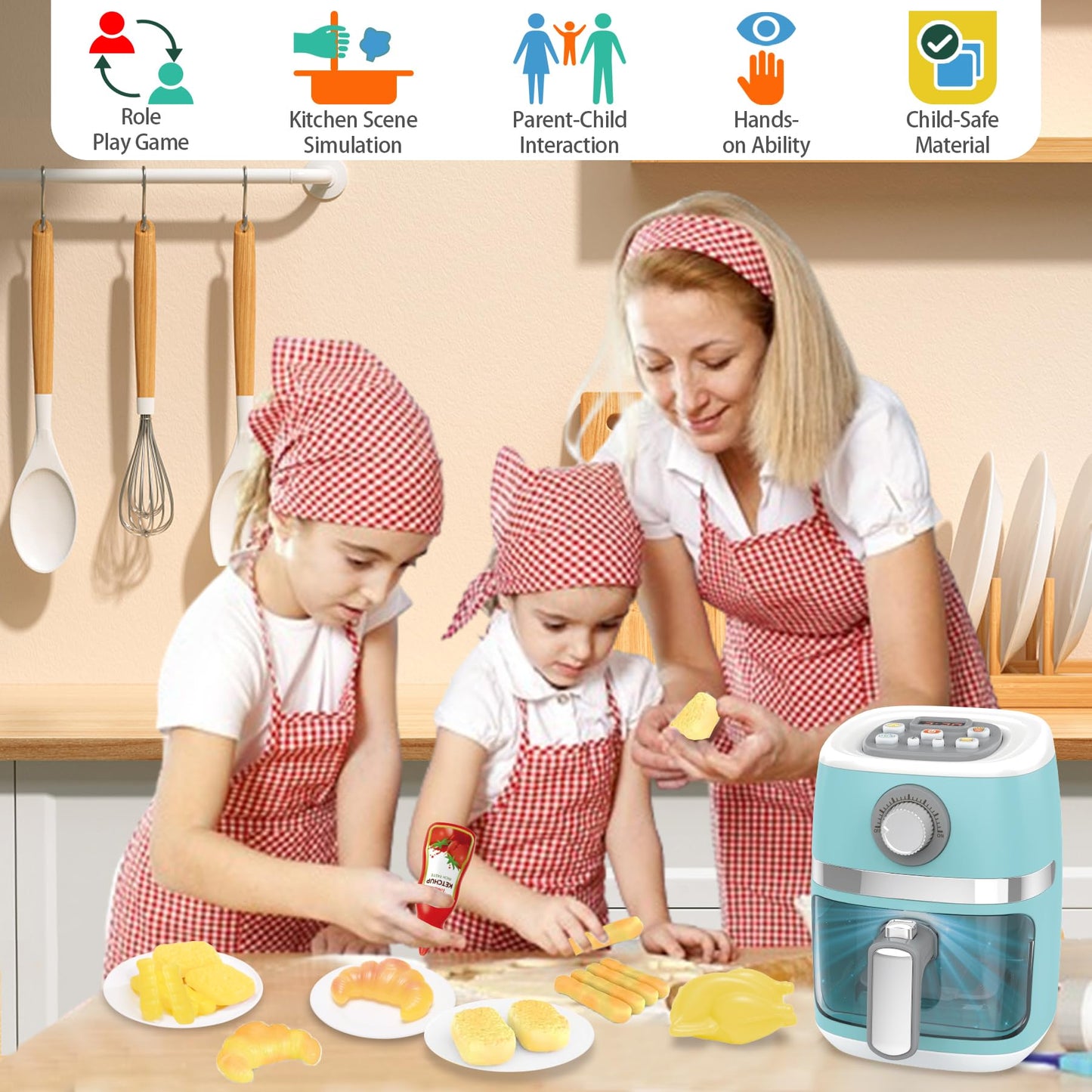 Cewuky Toy Air Fryer Playset for Kids – Color-Changing Food, Sound & Light