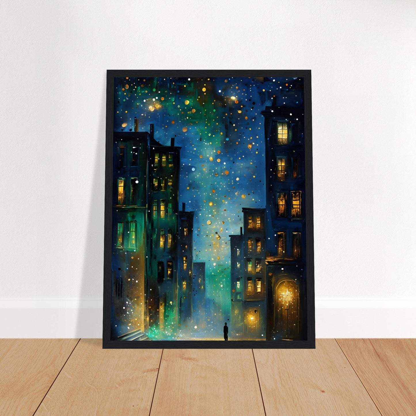Surreal Urban Night Scene Poster - Vibrant Reflection - Black Framed Art Ready to Hang
