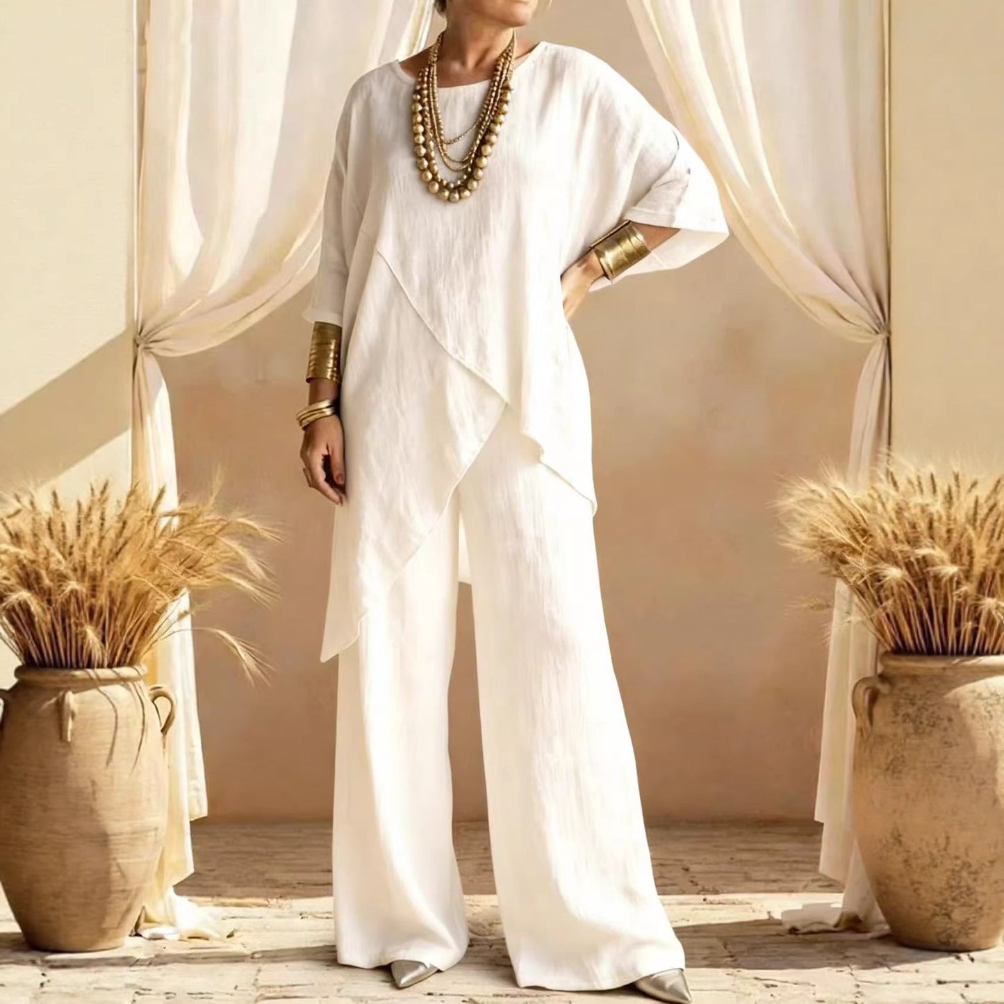 Womens Cotton-linen Crew-neck Loose Casual Two-pieces Set