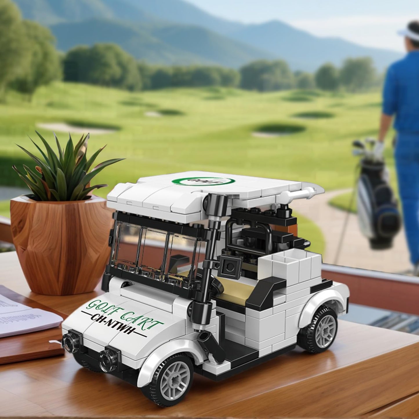 CH NTWH Golf Cart Toy Building Set for Adults – LEGO Golf Compatible, Blue/Red, Display Cover Included
