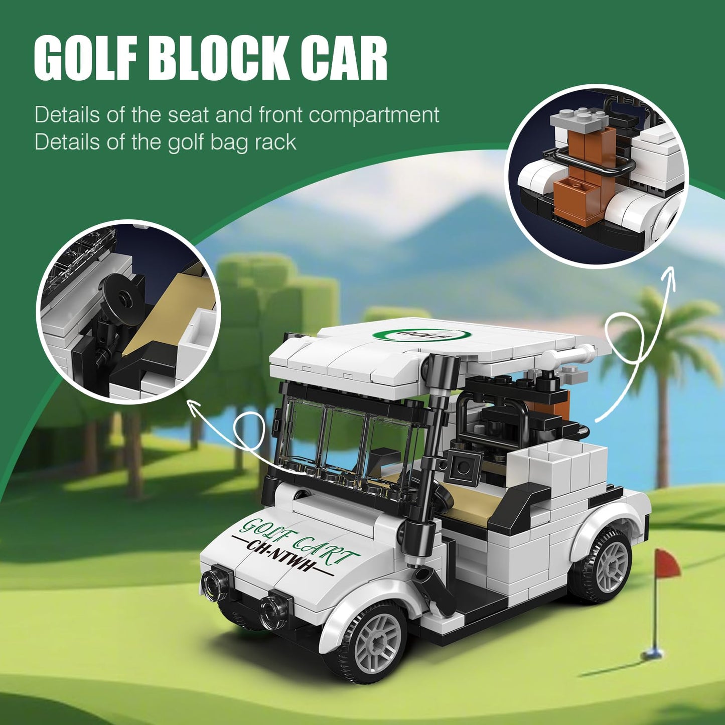 CH NTWH Golf Cart Toy Building Set for Adults – LEGO Golf Compatible, Blue/Red, Display Cover Included