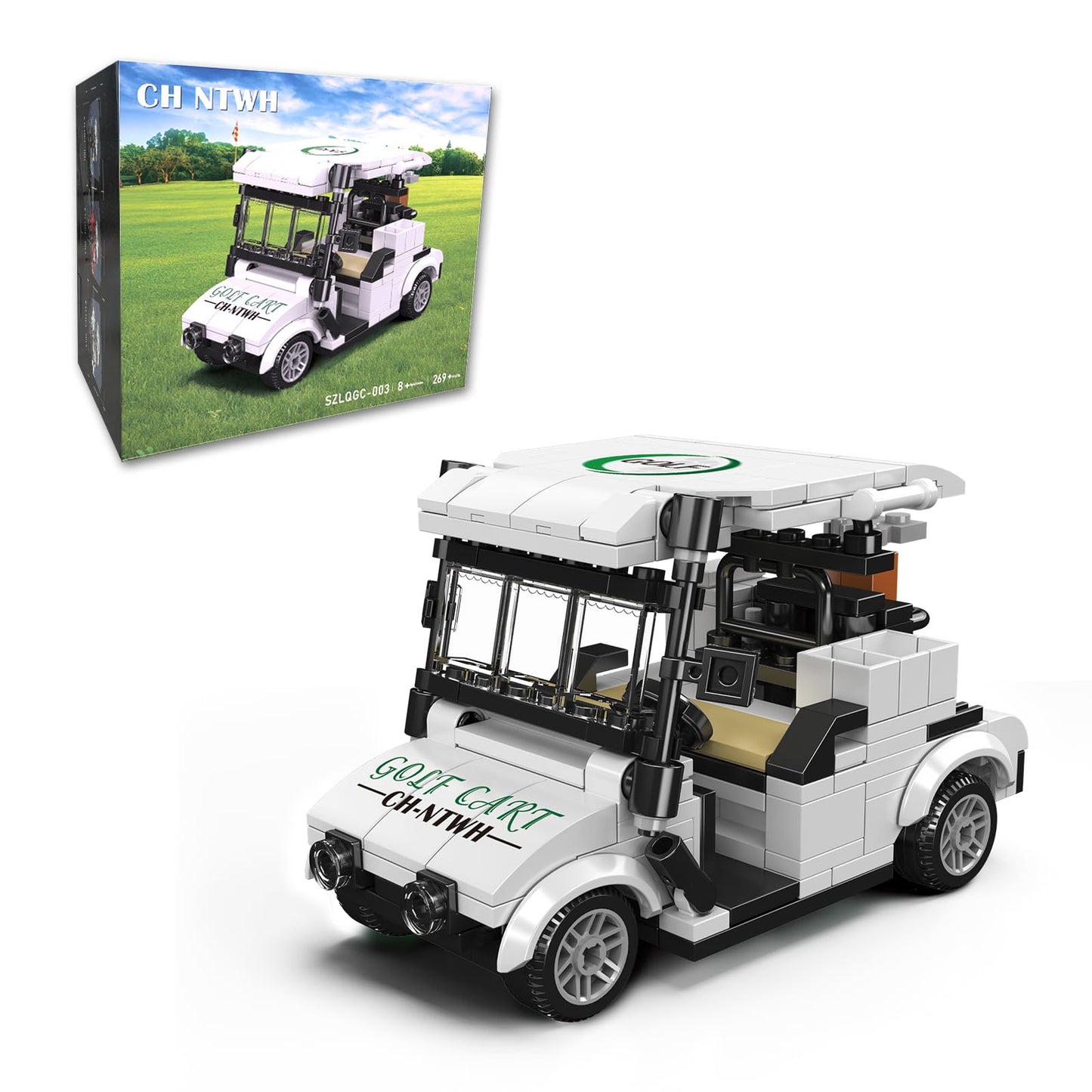 CH NTWH Golf Cart Toy Building Set for Adults – LEGO Golf Compatible, Blue/Red, Display Cover Included