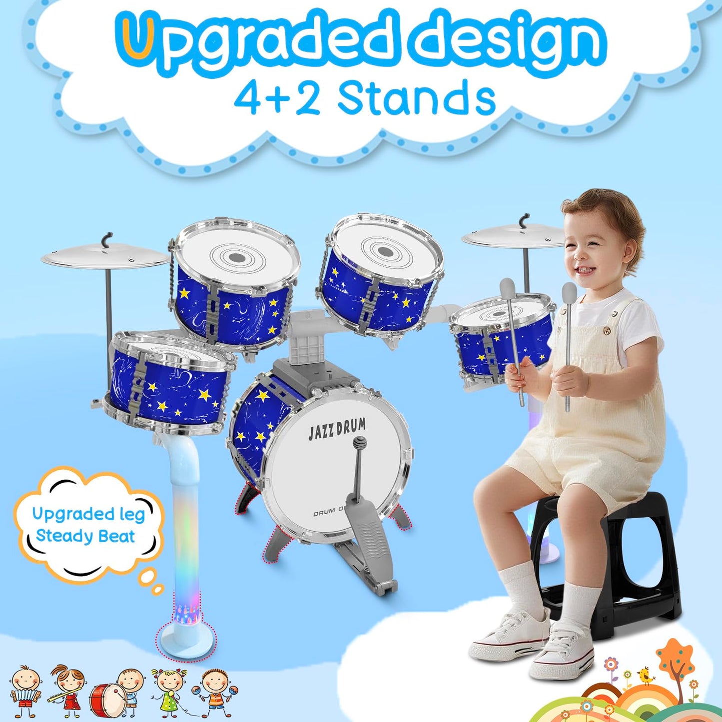 CHADRIGIVS Upgraded Kids Drum Set Blue – 5-Drums Jazz Kit for Toddlers 3–7