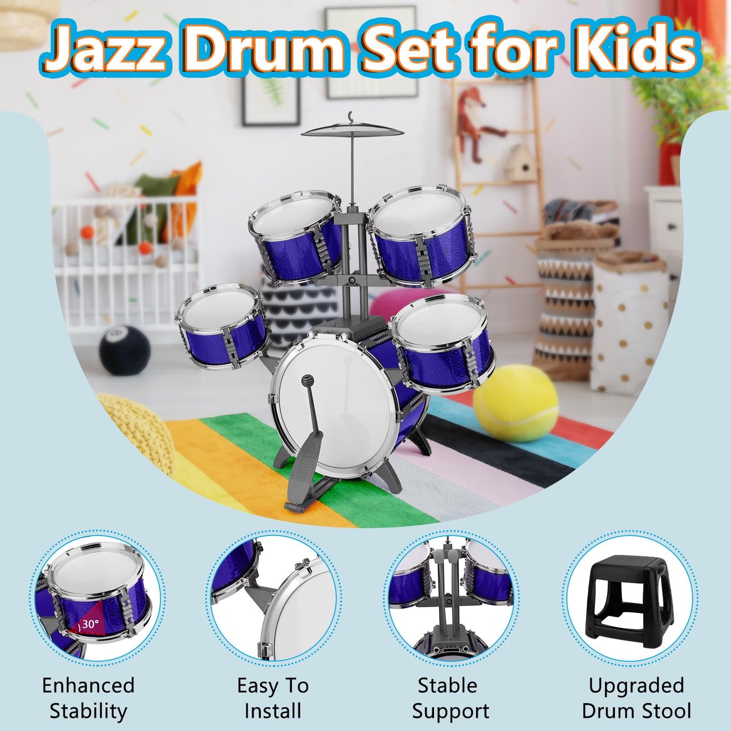 CHADRIGIVS Kids 5-Piece Drum Set with Stool — Beginner Jazz Kit for Ages 3-7