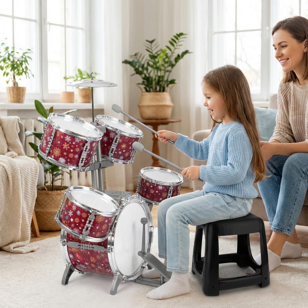 CHADRIGIVS Kids Drum Set for Toddlers – Red Jazz Drum Kit with Stool