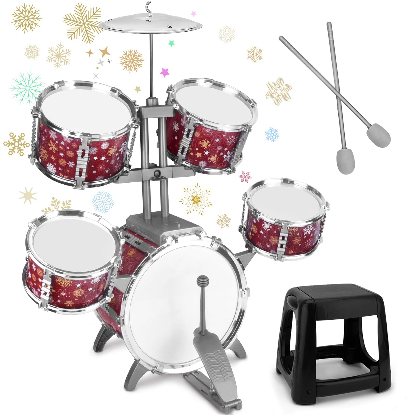 CHADRIGIVS Kids Drum Set for Toddlers – Red Jazz Drum Kit with Stool