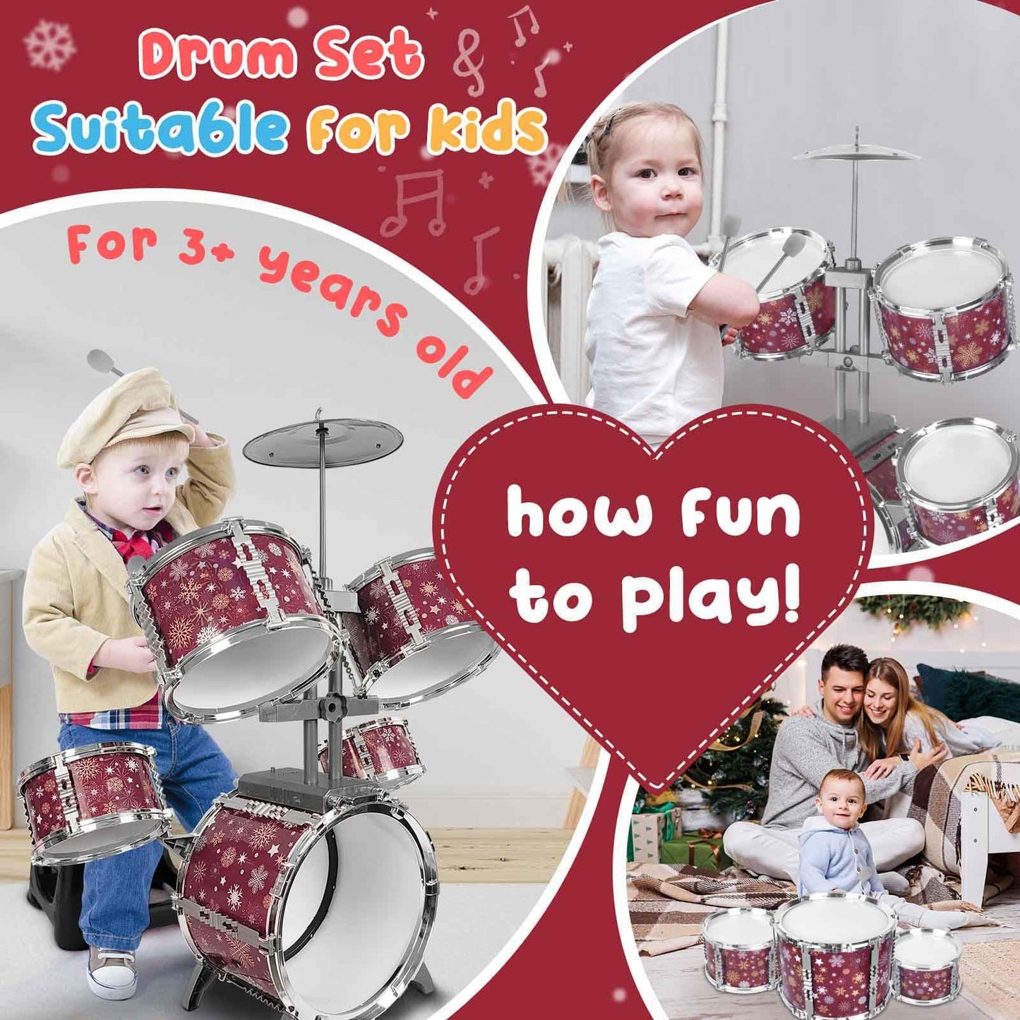 CHADRIGIVS Kids Drum Set for Toddlers – Red Jazz Drum Kit with Stool