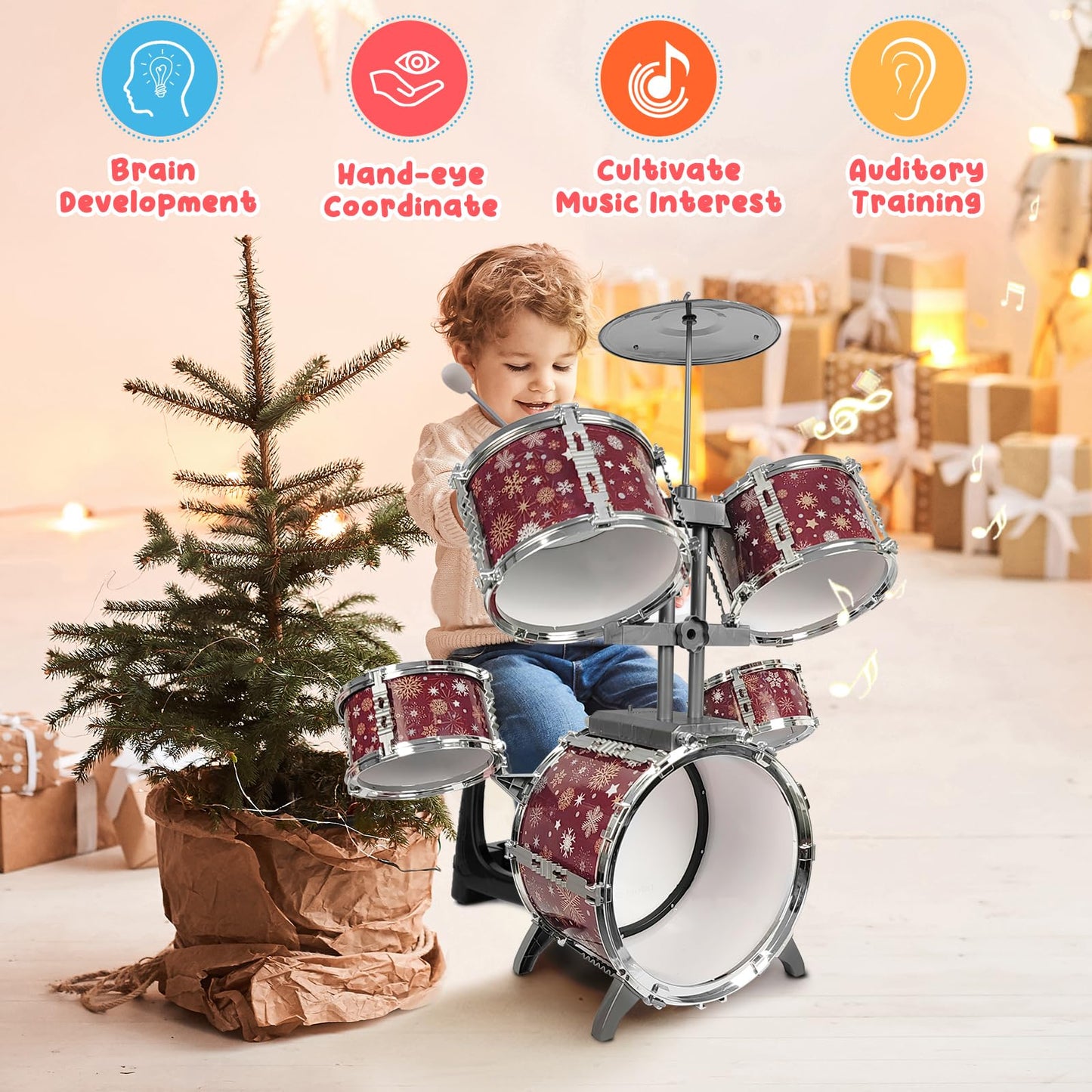 CHADRIGIVS Kids Drum Set for Toddlers – Red Jazz Drum Kit with Stool