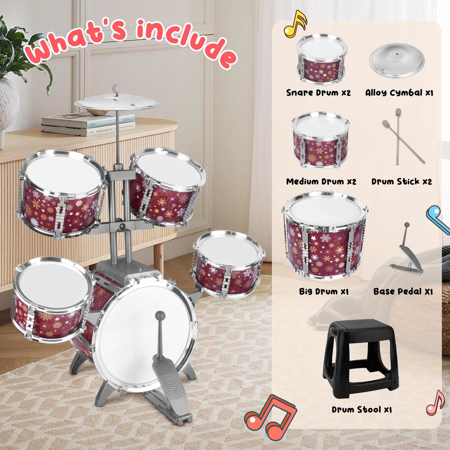 CHADRIGIVS Kids Drum Set for Toddlers – Red Jazz Drum Kit with Stool