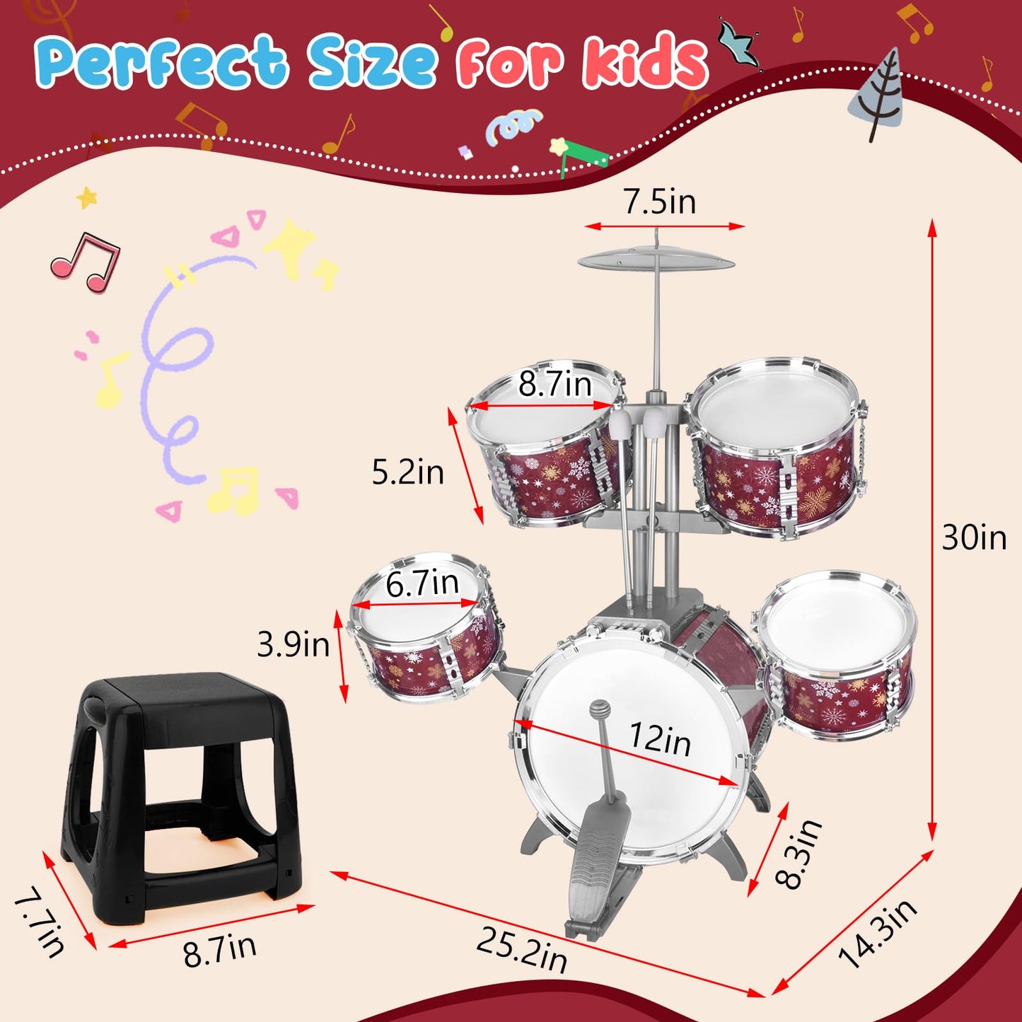 CHADRIGIVS Kids Drum Set for Toddlers – Red Jazz Drum Kit with Stool