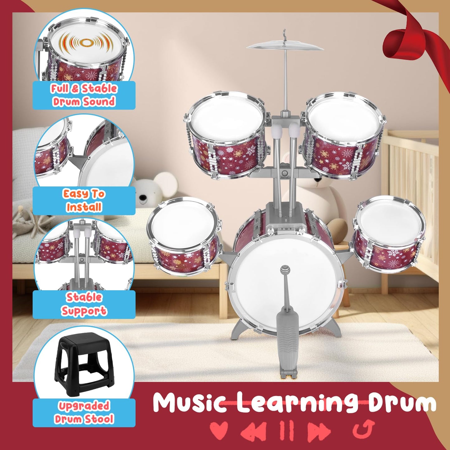 CHADRIGIVS Kids Drum Set for Toddlers – Red Jazz Drum Kit with Stool
