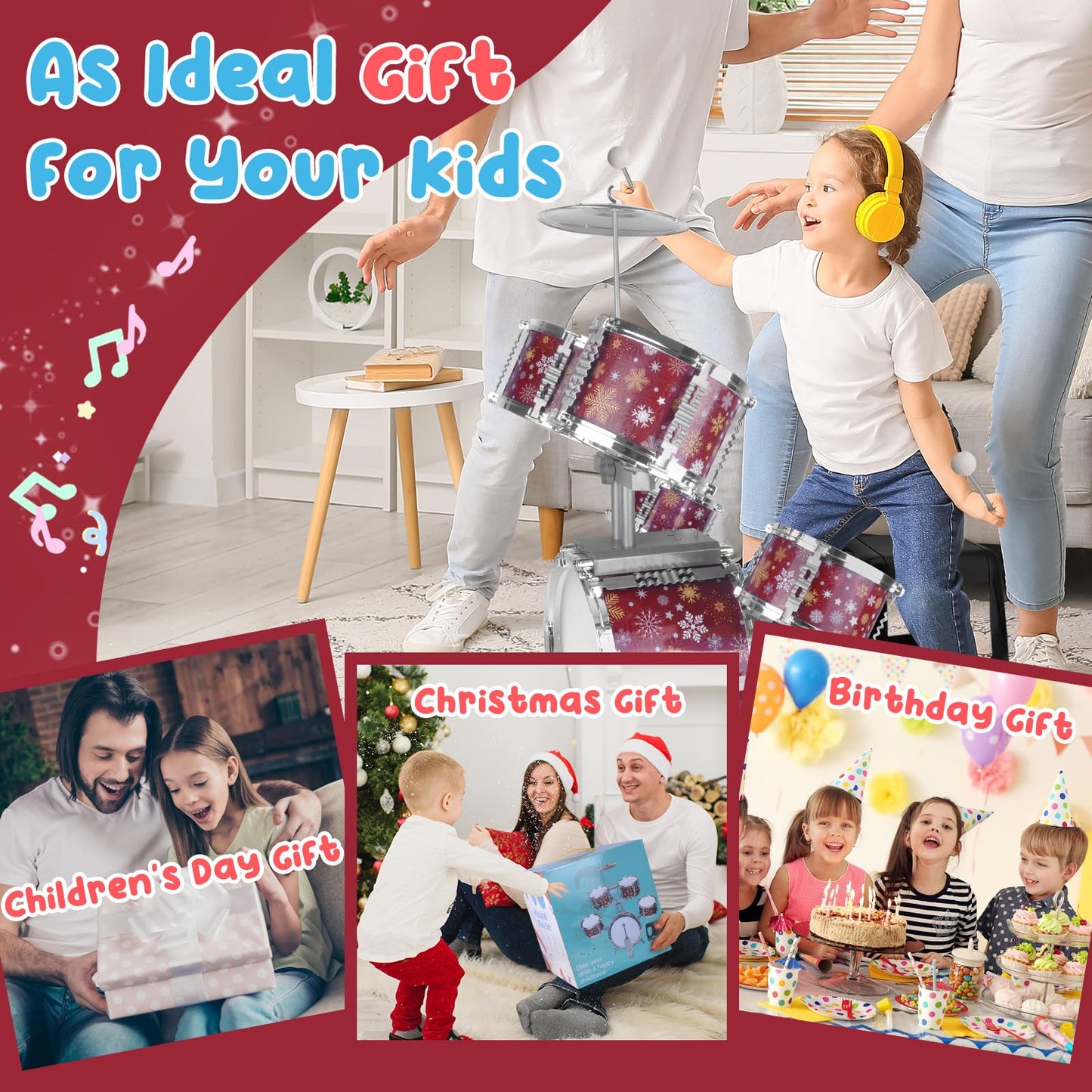 CHADRIGIVS Kids Drum Set for Toddlers – Red Jazz Drum Kit with Stool