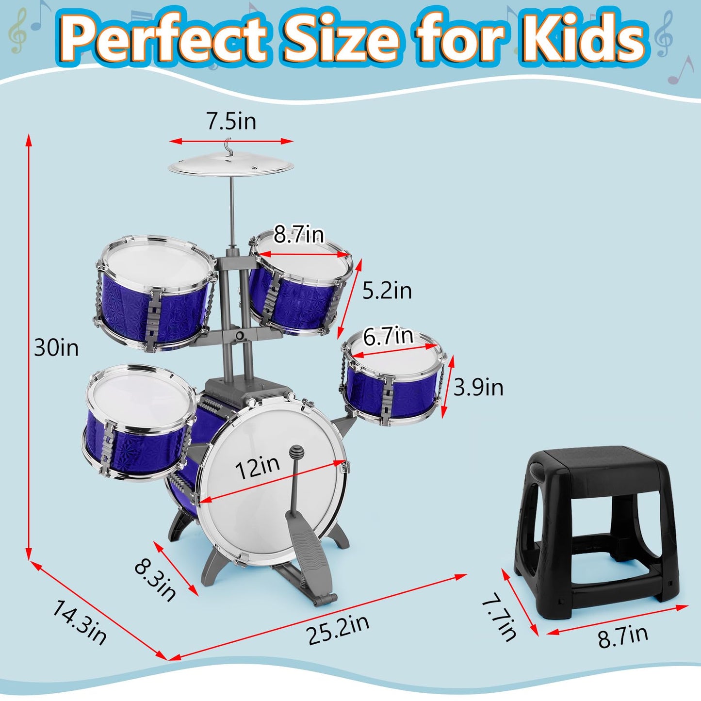 CHADRIGIVS Kids 5-Piece Drum Set with Stool — Beginner Jazz Kit for Ages 3-7