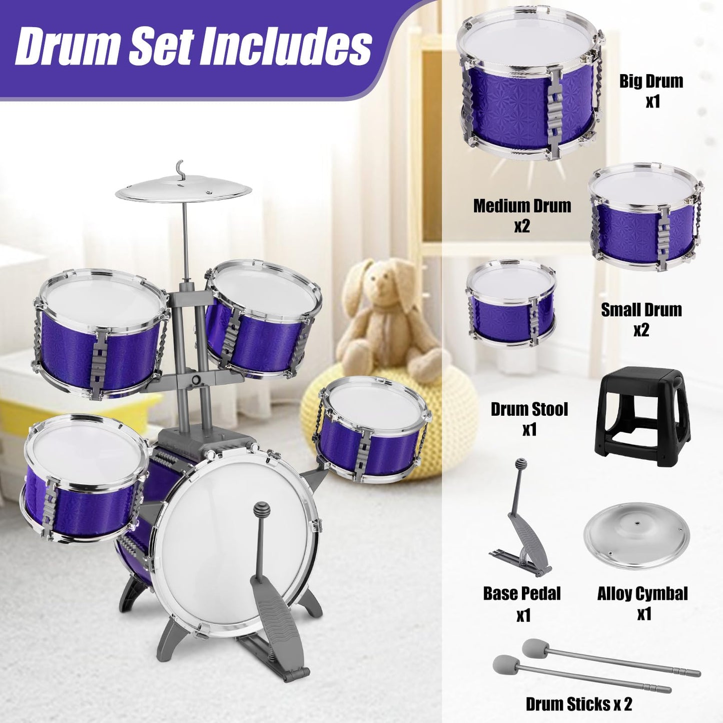 CHADRIGIVS Kids Jazz Drum Set – 5-Piece Toddler Percussion Kit for Ages 3-7 | Educational Playset