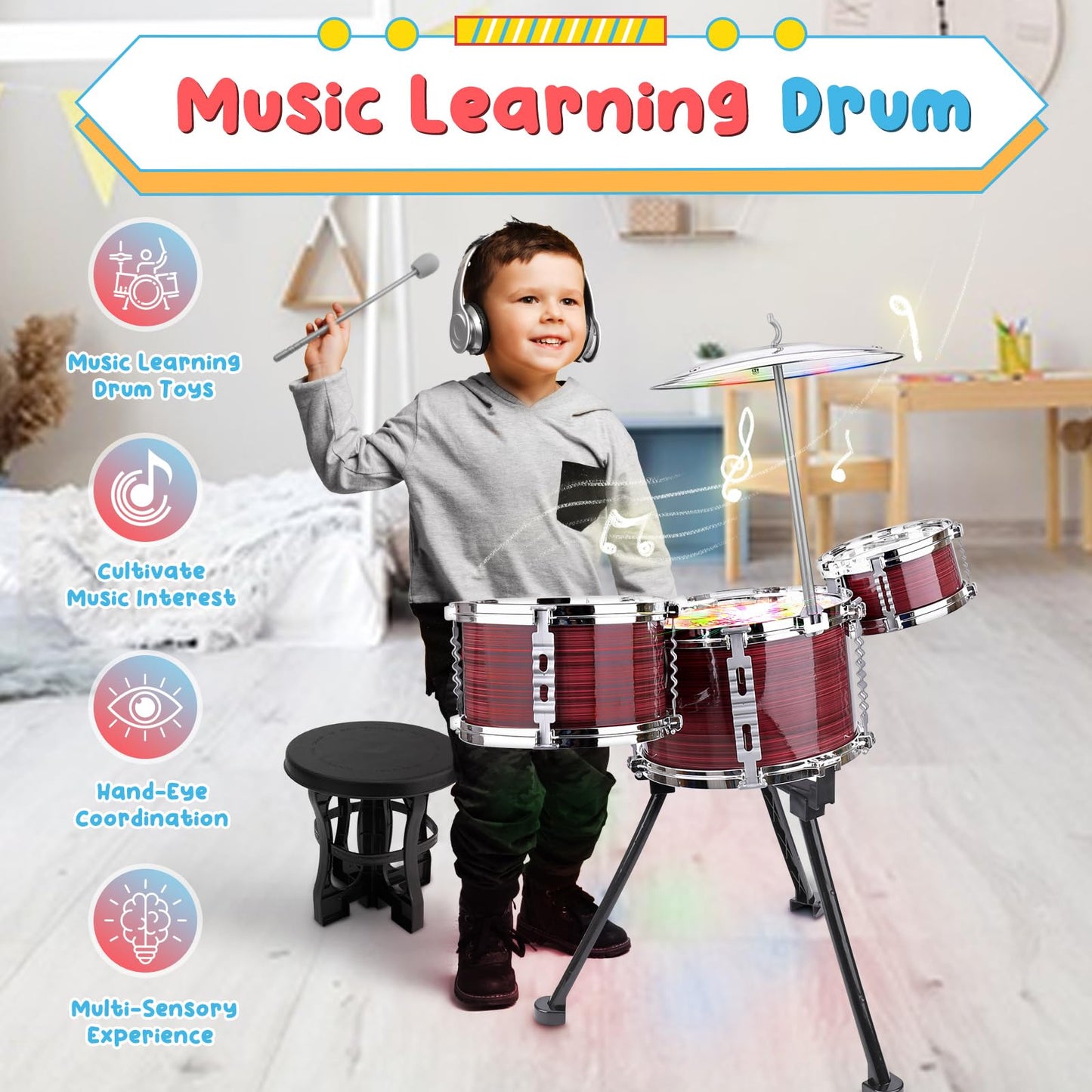 CHADRIGIVS Upgraded Toddler Drum Set with Lights – Kids Jazz Drum Kit for Ages 3-5