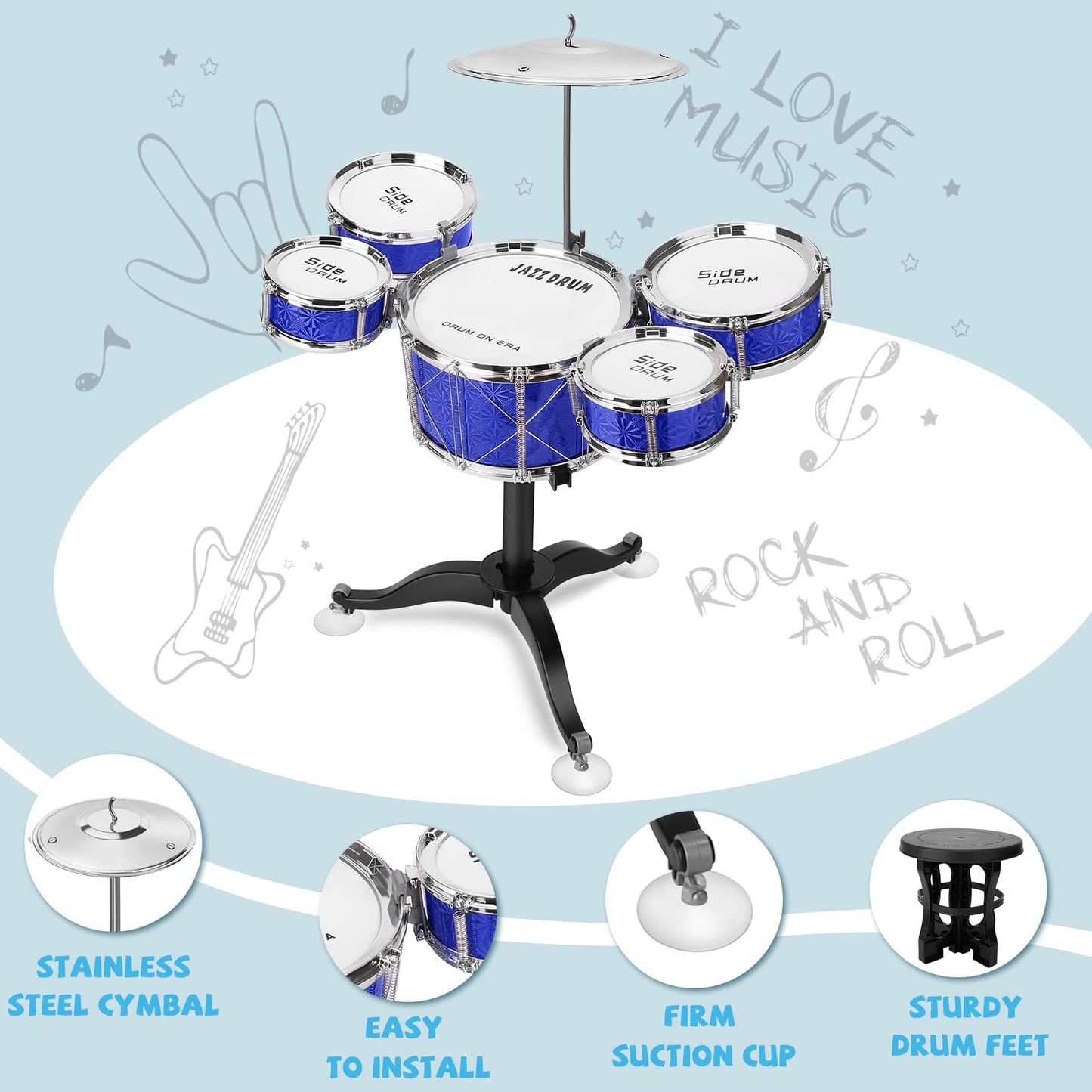 CHADRIGIVS Toddler Drum Set 8-Piece Blue | Educational Kids Jazz Drum Kit