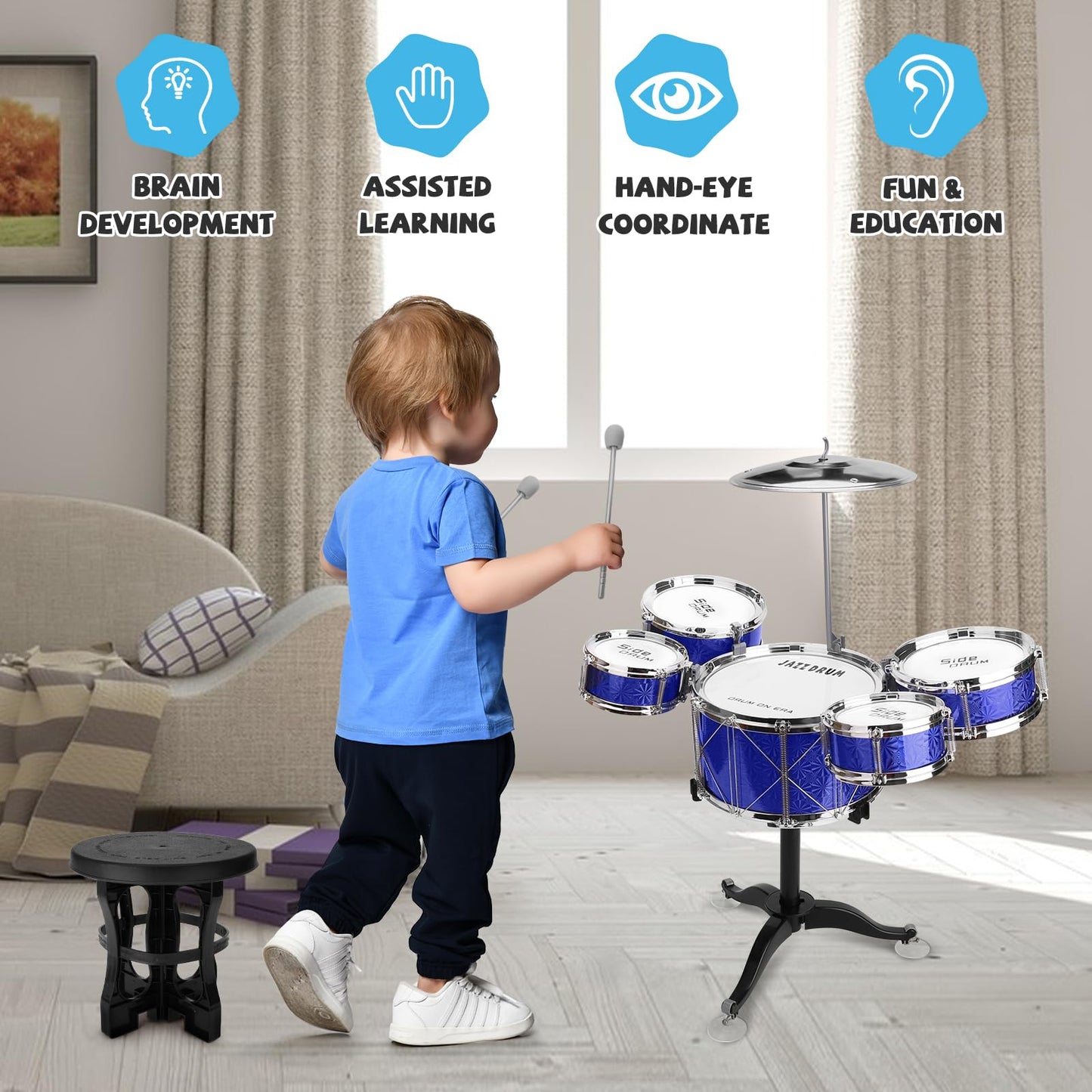 CHADRIGIVS Toddler Drum Set 8-Piece Blue | Educational Kids Jazz Drum Kit