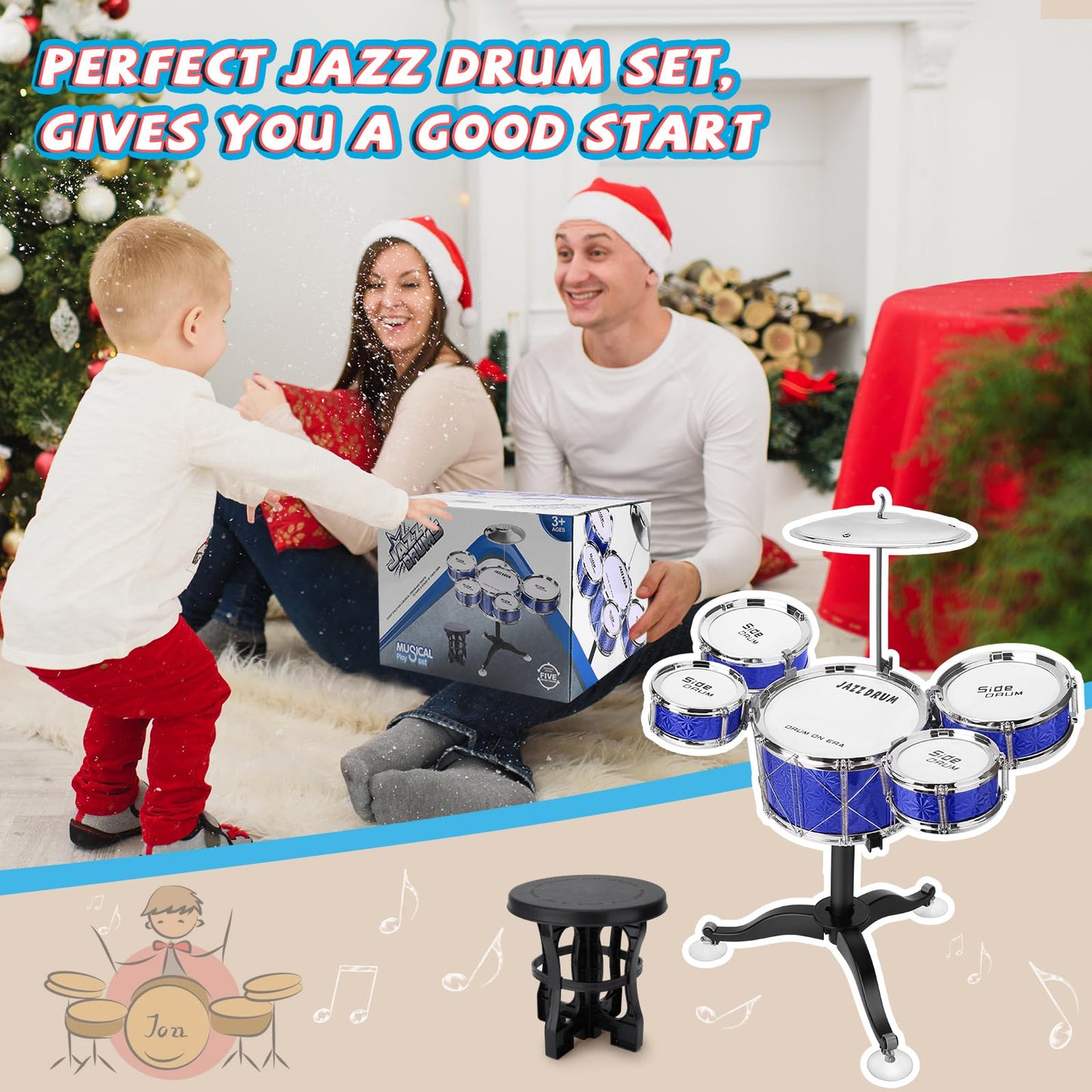 CHADRIGIVS Toddler Drum Set 8-Piece Blue | Educational Kids Jazz Drum Kit