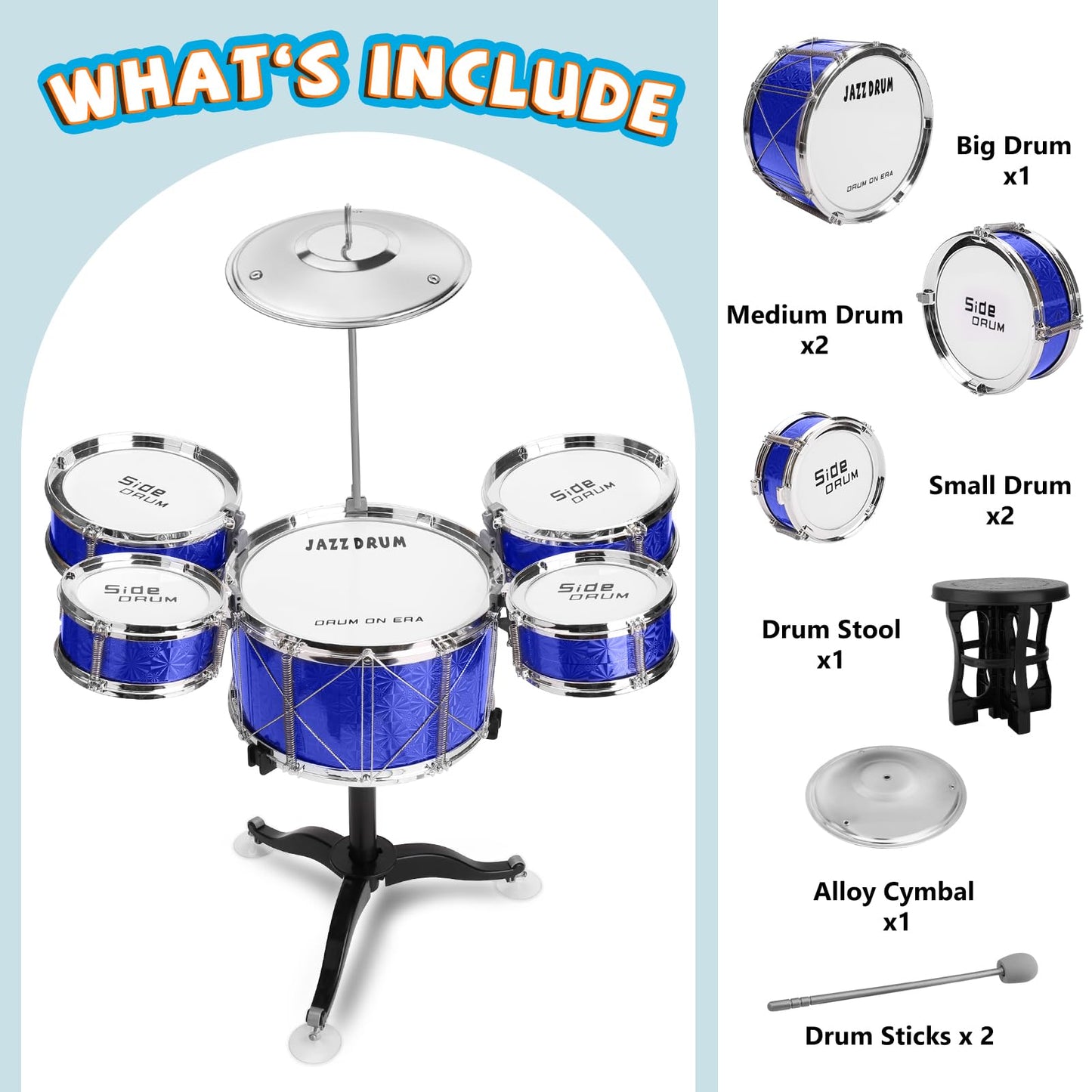 CHADRIGIVS Toddler Drum Set 8-Piece Blue | Educational Kids Jazz Drum Kit