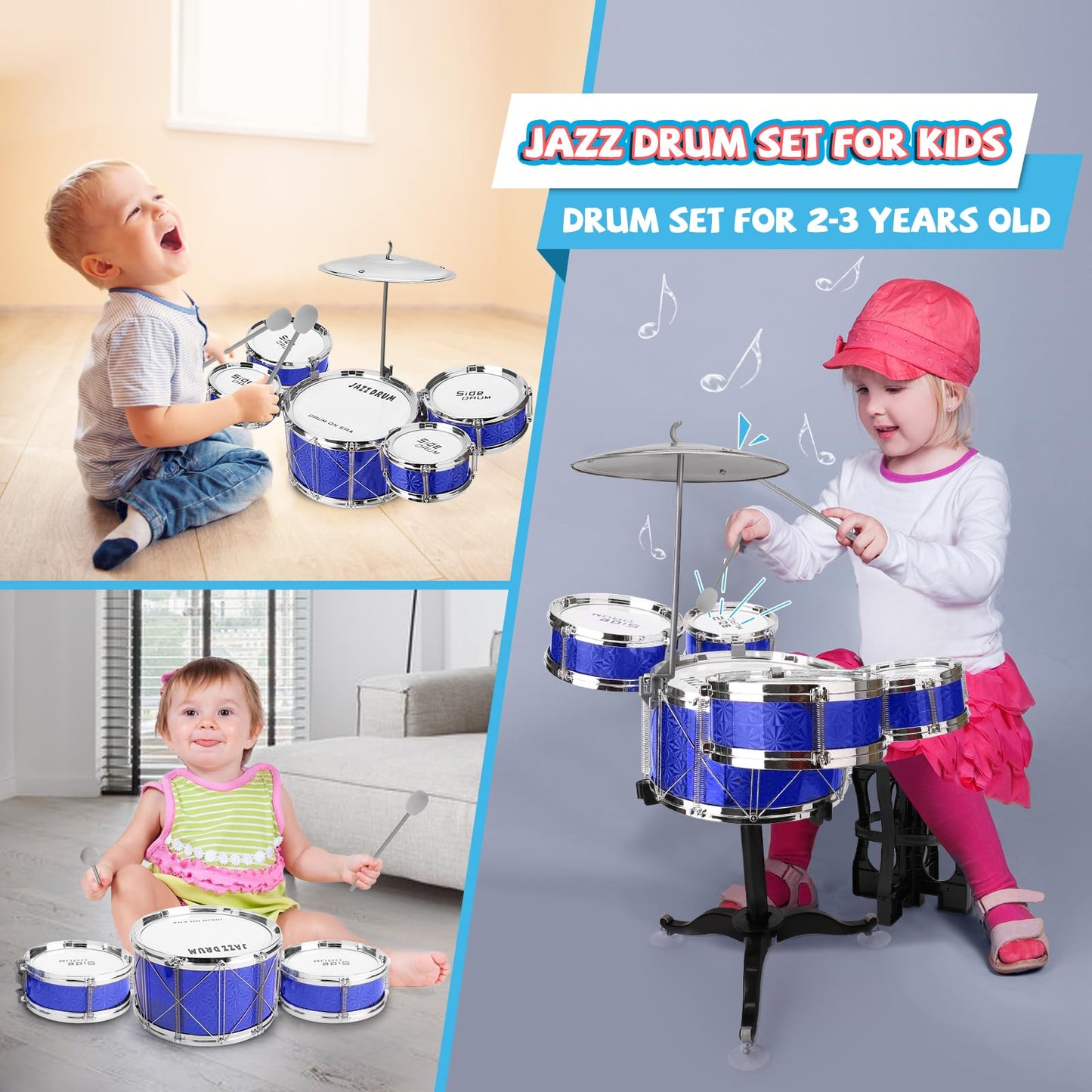 CHADRIGIVS Toddler Drum Set 8-Piece Blue | Educational Kids Jazz Drum Kit