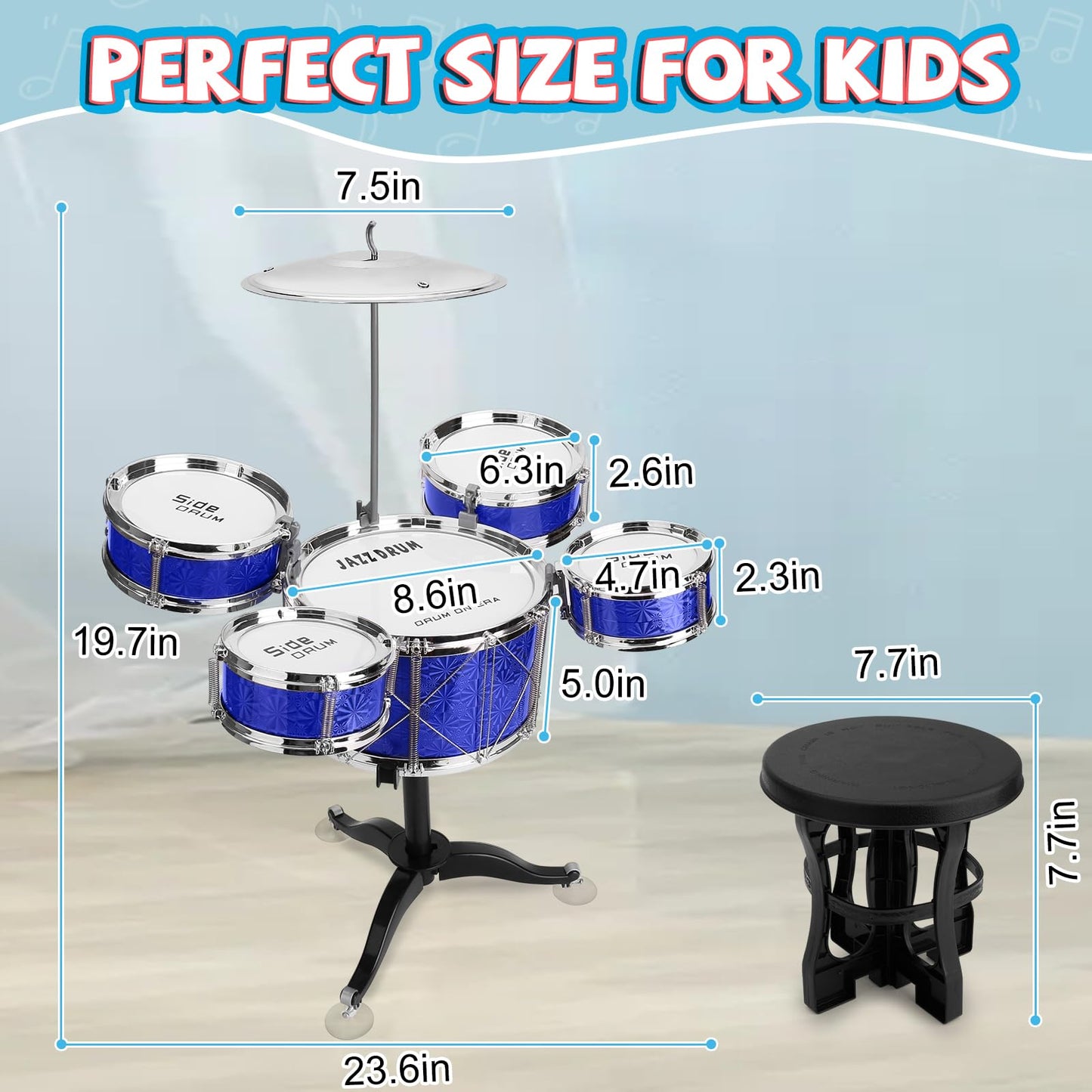 CHADRIGIVS Toddler Drum Set 8-Piece Blue | Educational Kids Jazz Drum Kit