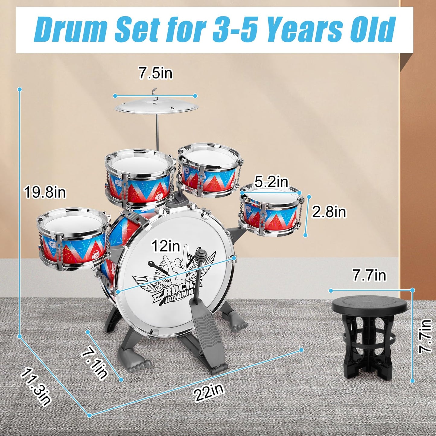 CHADRIGIVS Toddler Drum Set | Kids Jazz Drum Kit with Stool – Safe & Easy to Assemble