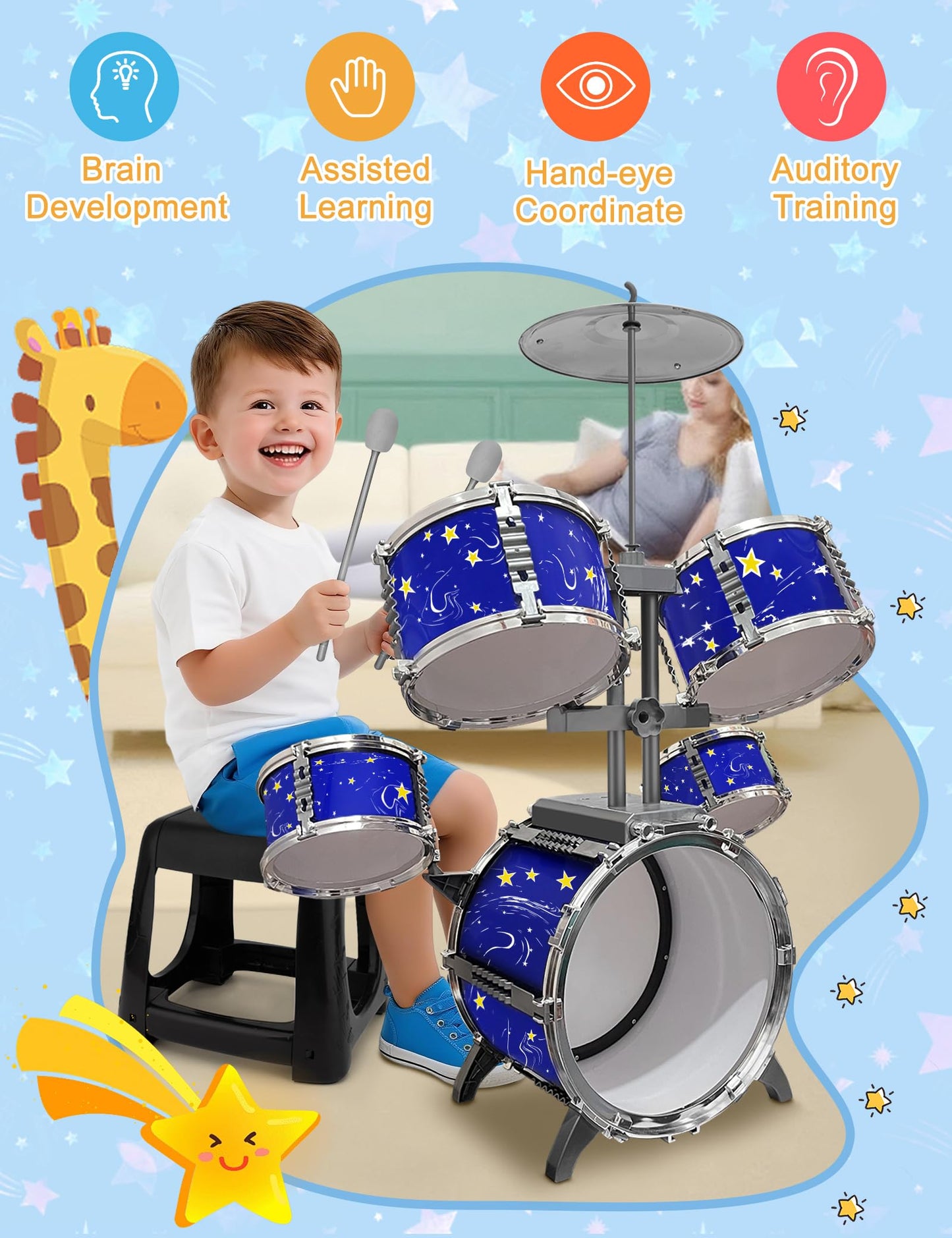 CHADRIGIVS Upgraded Kids Drum Set – 8-Piece Plastic Jazz Kit for Toddlers, Starlight Blue