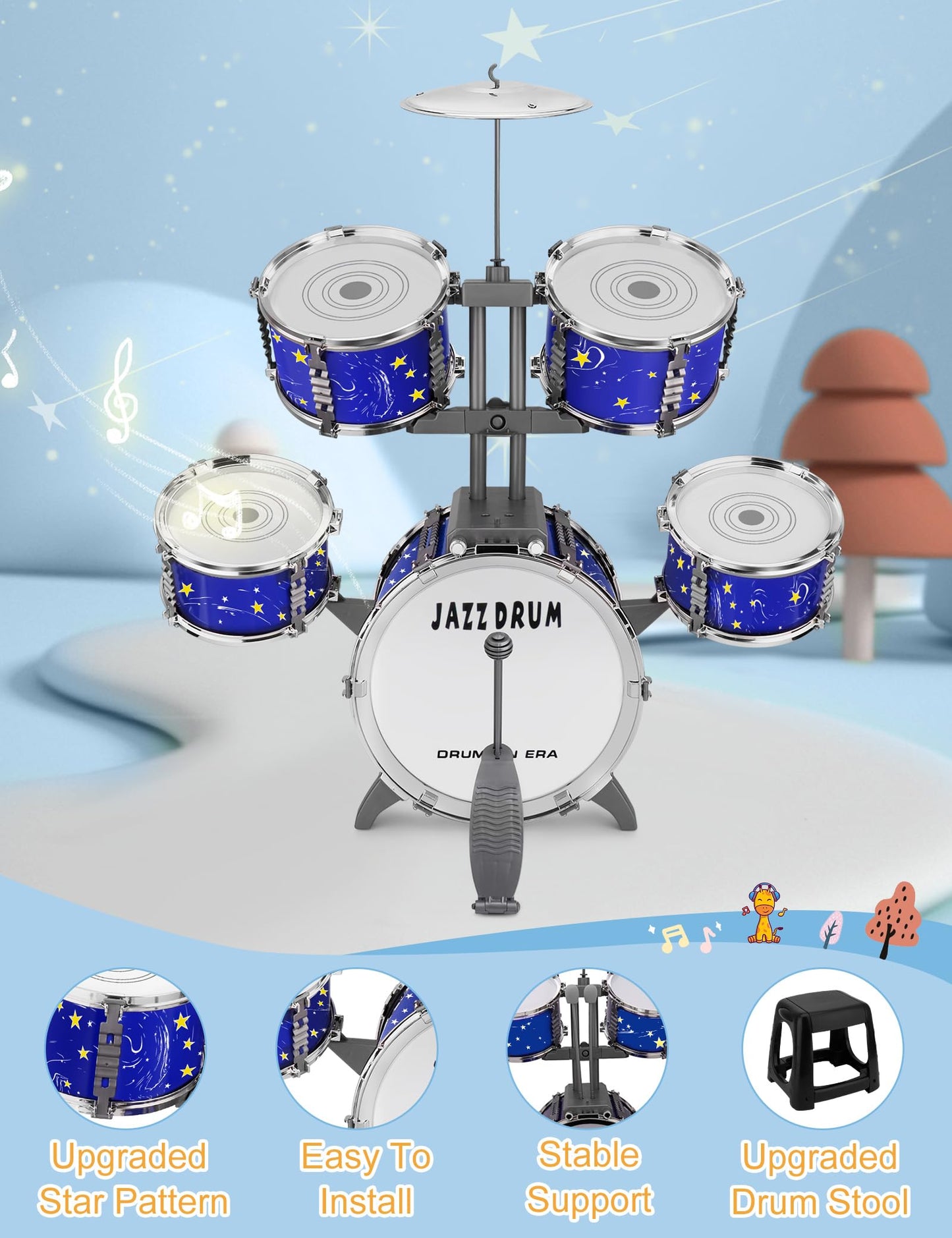 CHADRIGIVS Upgraded Kids Drum Set – 8-Piece Plastic Jazz Kit for Toddlers, Starlight Blue