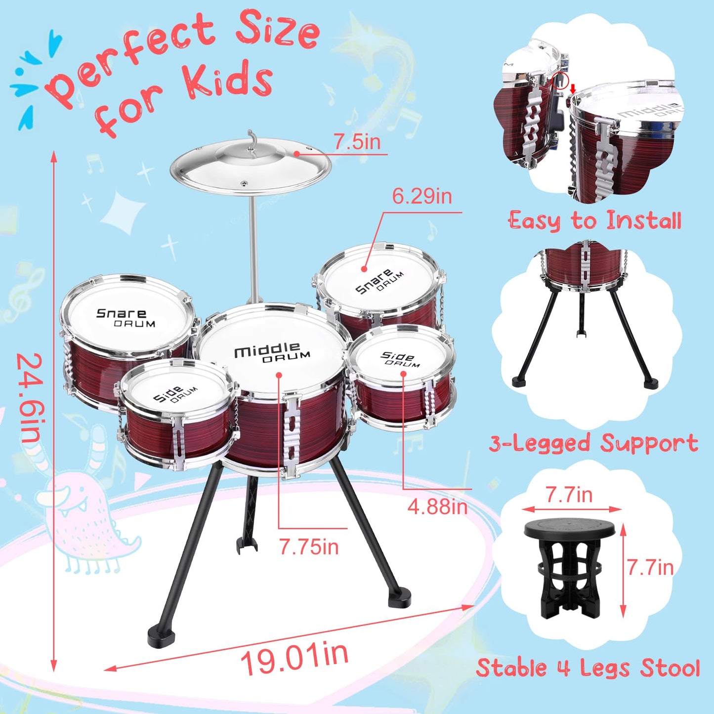 CHADRIGIVS Upgraded 5-Piece Kids Drum Set for Toddlers (Ages 3-5)