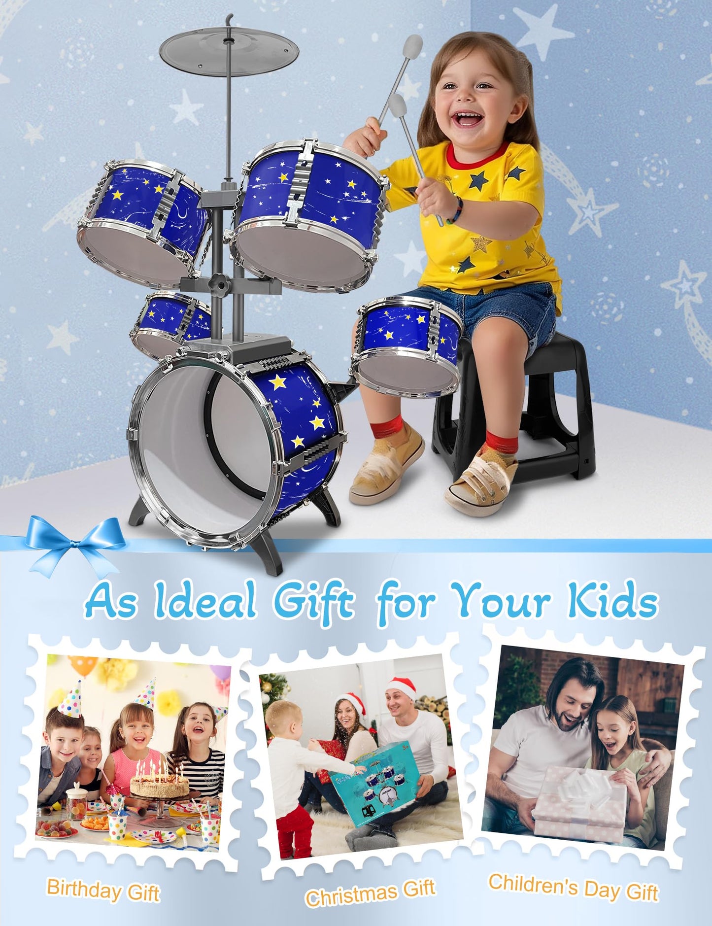 CHADRIGIVS Upgraded Kids Drum Set – 8-Piece Plastic Jazz Kit for Toddlers, Starlight Blue