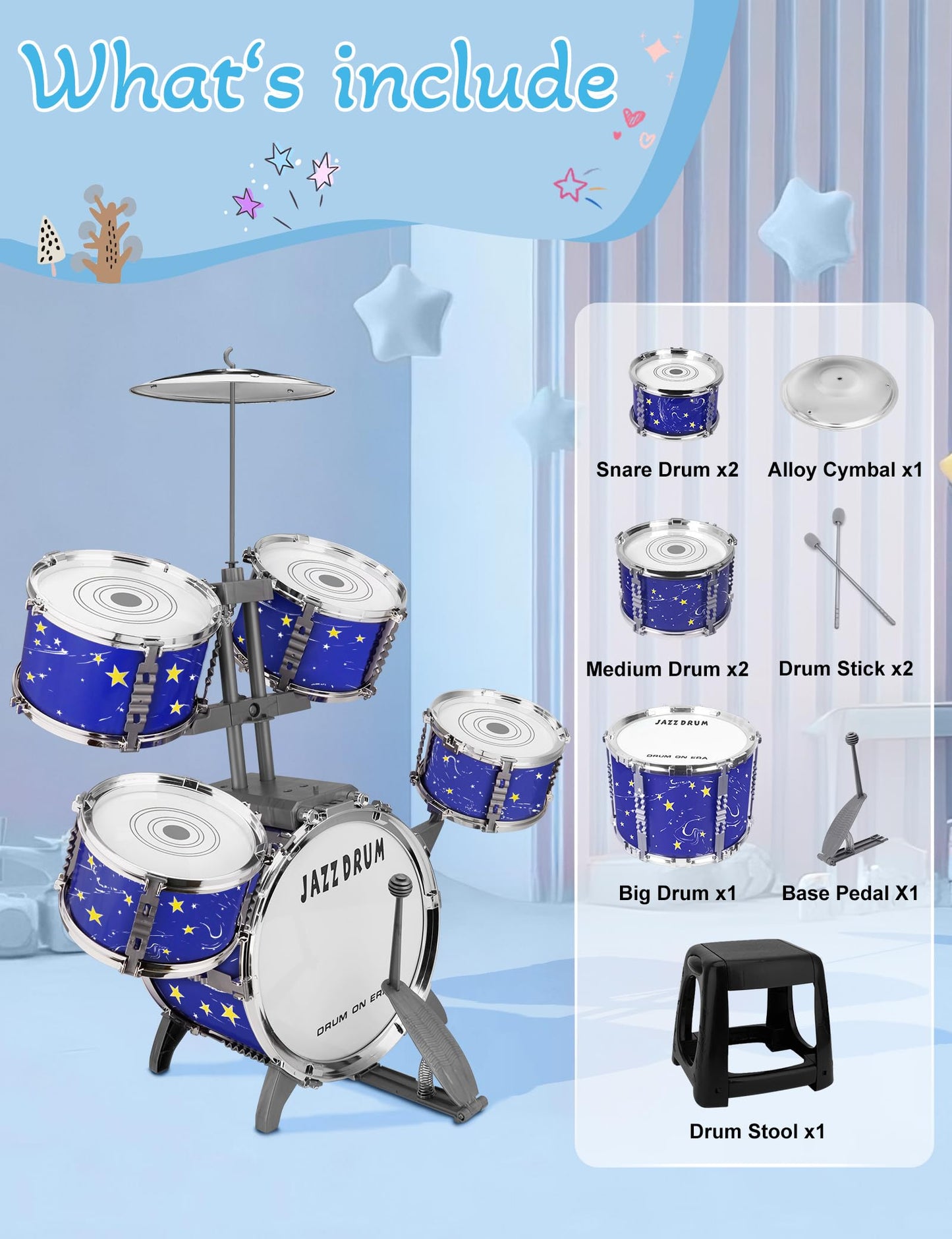 CHADRIGIVS Upgraded Kids Drum Set – 8-Piece Plastic Jazz Kit for Toddlers, Starlight Blue