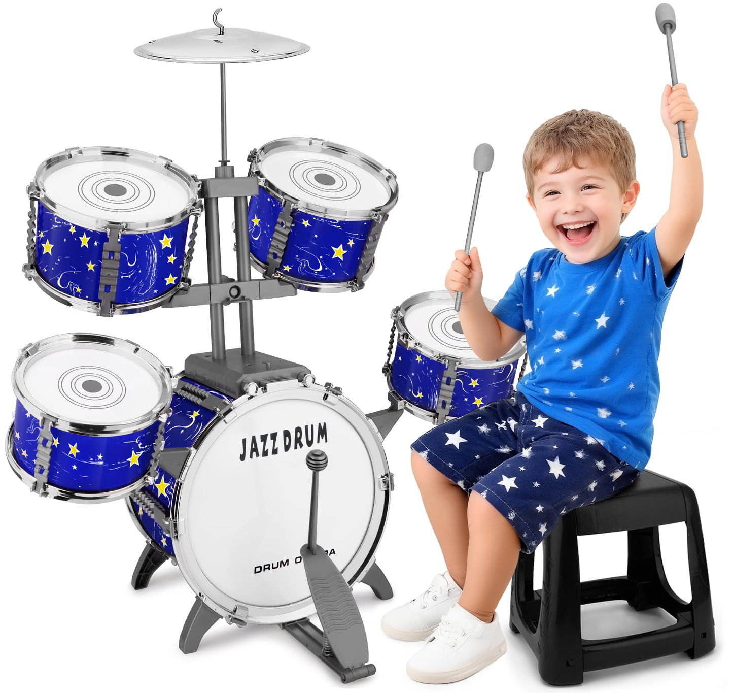 CHADRIGIVS Upgraded Kids Drum Set – 8-Piece Plastic Jazz Kit for Toddlers, Starlight Blue