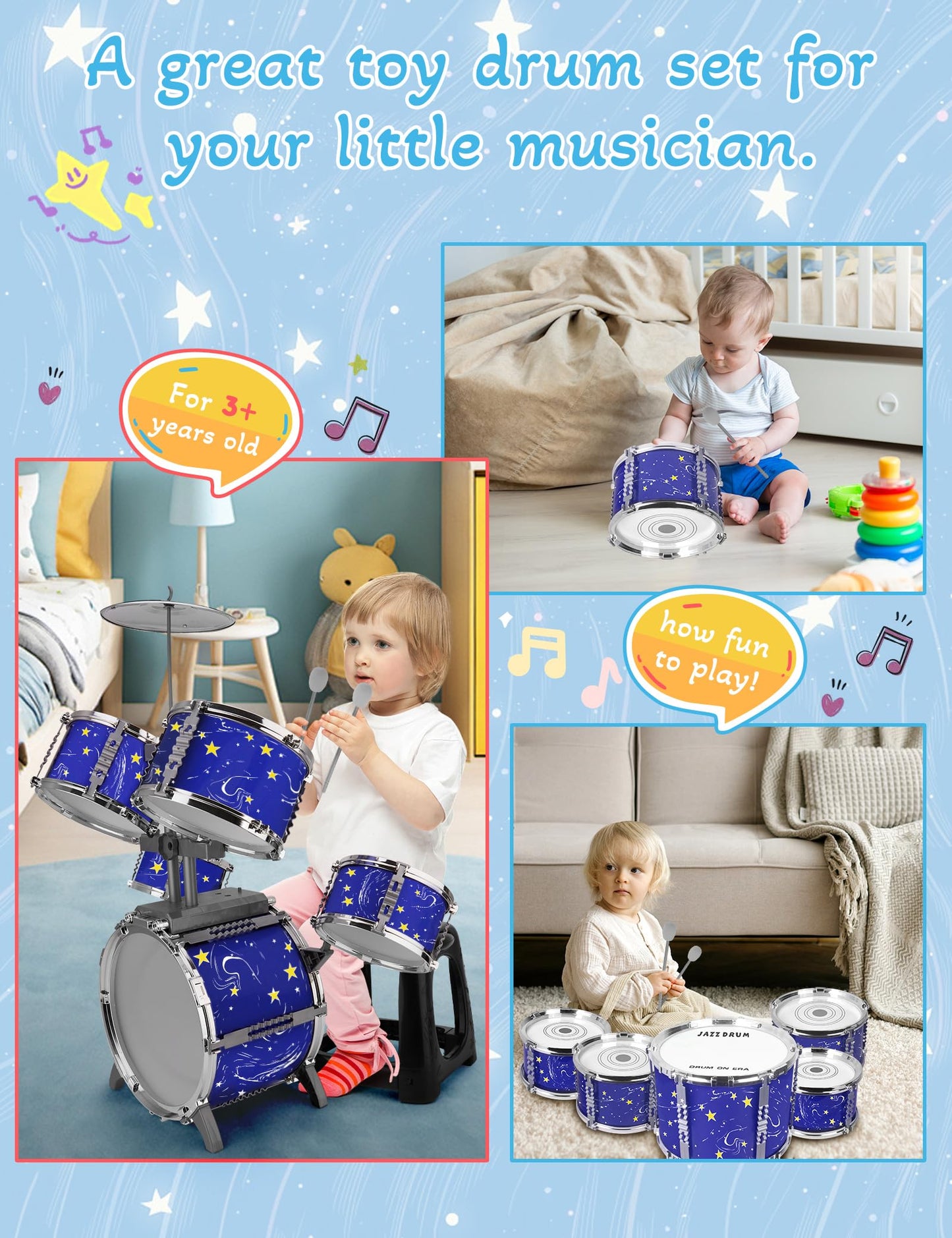 CHADRIGIVS Upgraded Kids Drum Set – 8-Piece Plastic Jazz Kit for Toddlers, Starlight Blue