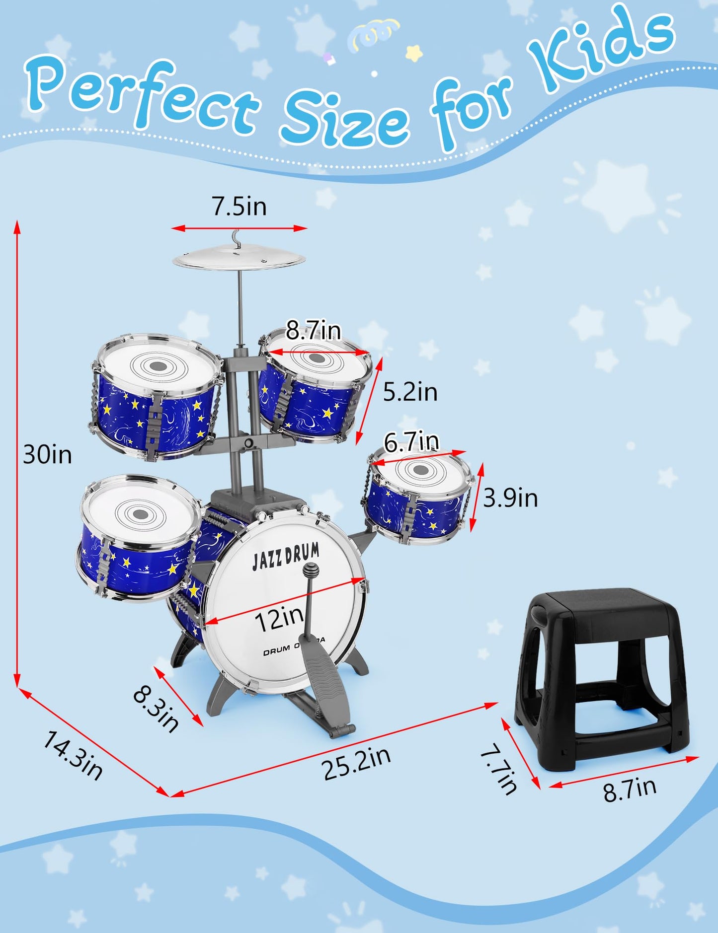 CHADRIGIVS Upgraded Kids Drum Set – 8-Piece Plastic Jazz Kit for Toddlers, Starlight Blue