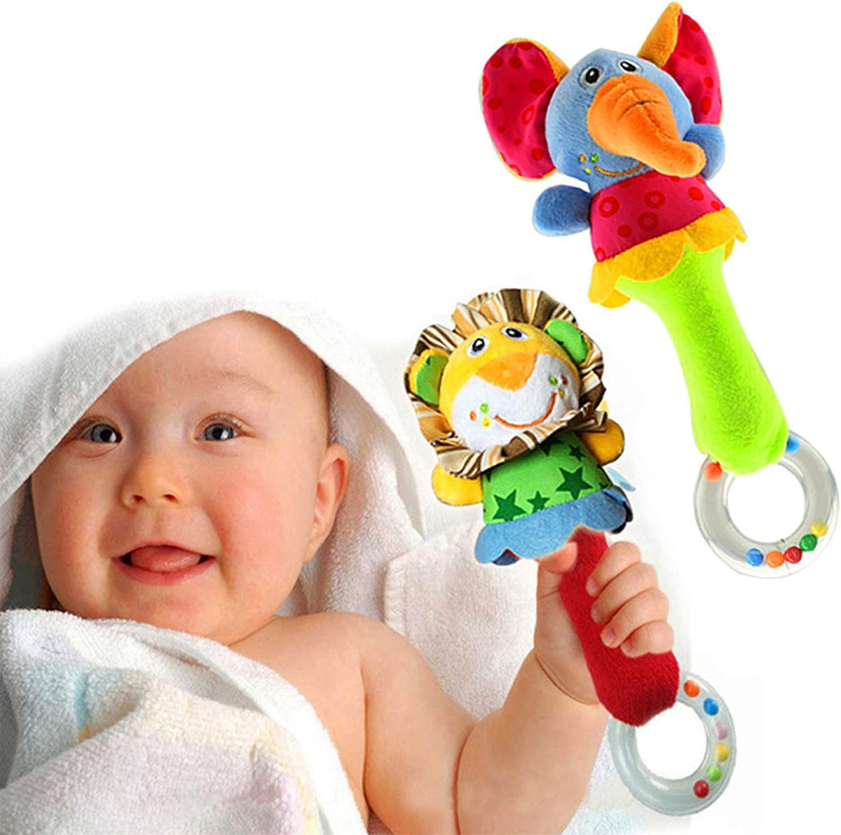 CHAFIN Baby Soft Rattles Shaker – 2-Pack Plush Elephant & Lion Toys for Infants