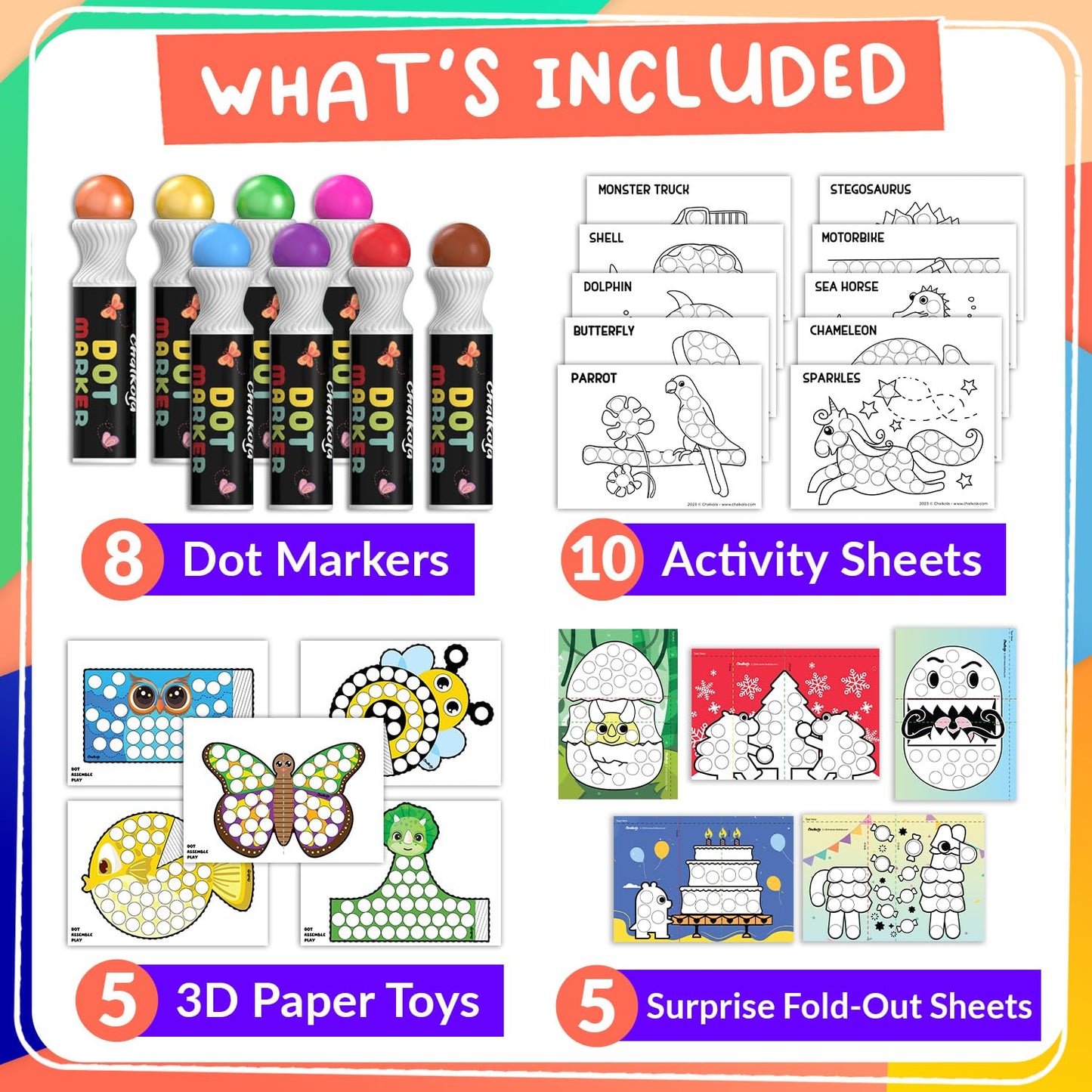 Chalkola 8 Washable Dot Markers for Toddlers 1-3 | 20-Page Coloring Activity Book Kit