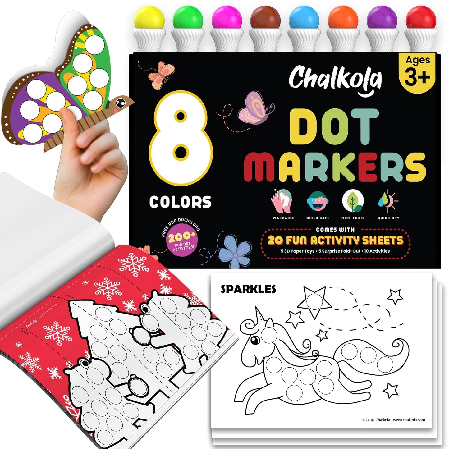 Chalkola 8 Washable Dot Markers for Toddlers 1-3 | 20-Page Coloring Activity Book Kit