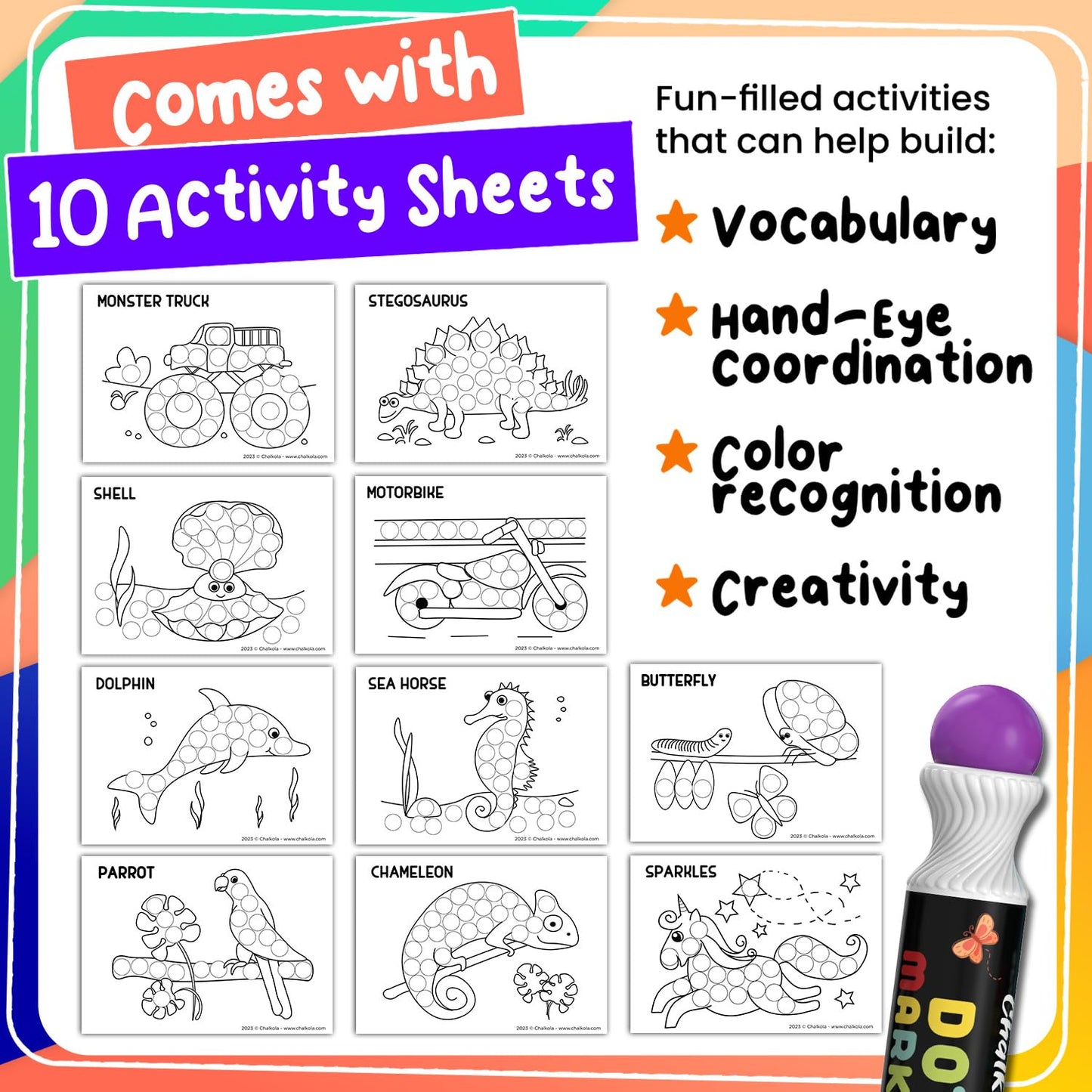 Chalkola 8 Washable Dot Markers for Toddlers 1-3 | 20-Page Coloring Activity Book Kit