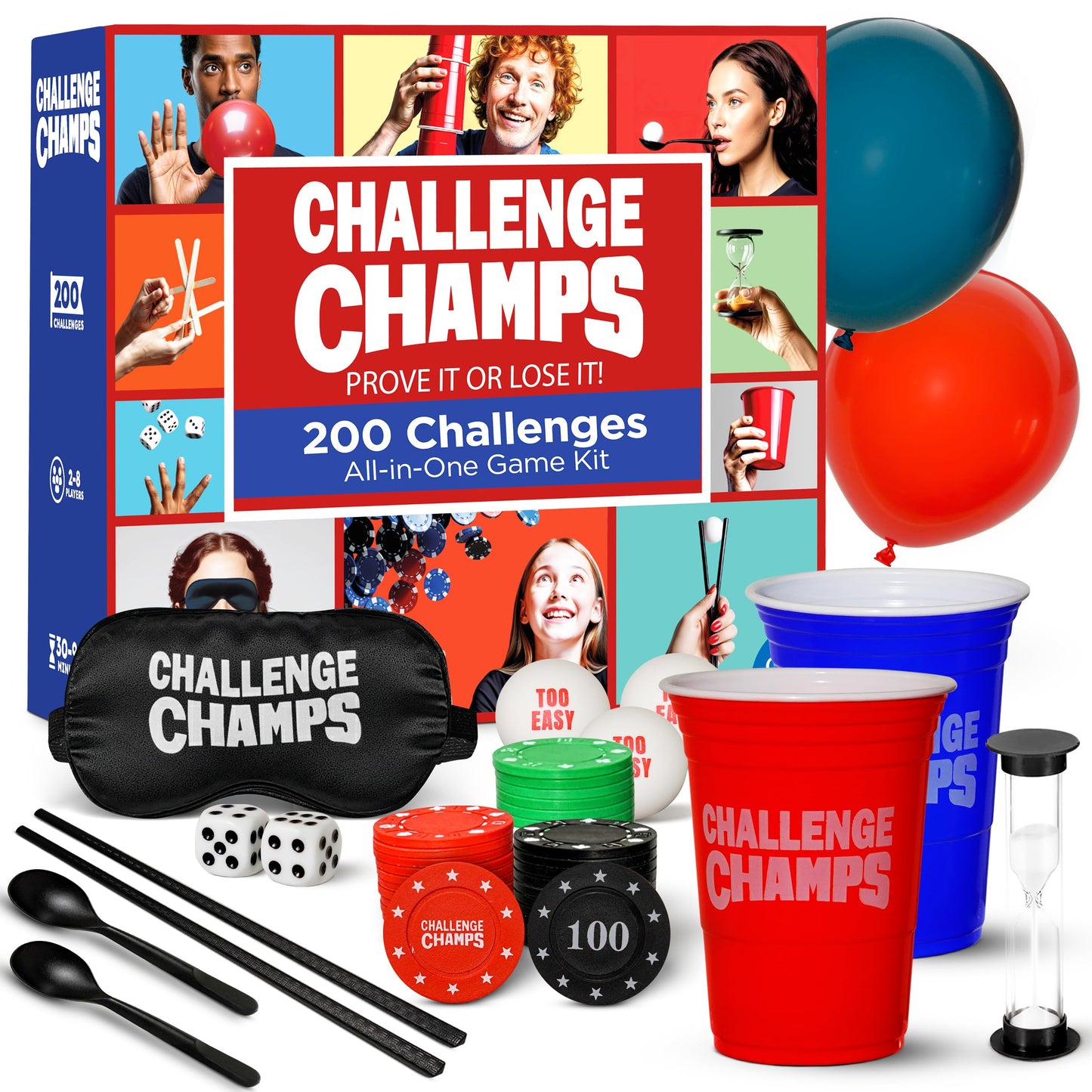 Challenge Champs Action Game – 200 Challenges for Team Building & Family Night (8+) with 10 Accessories