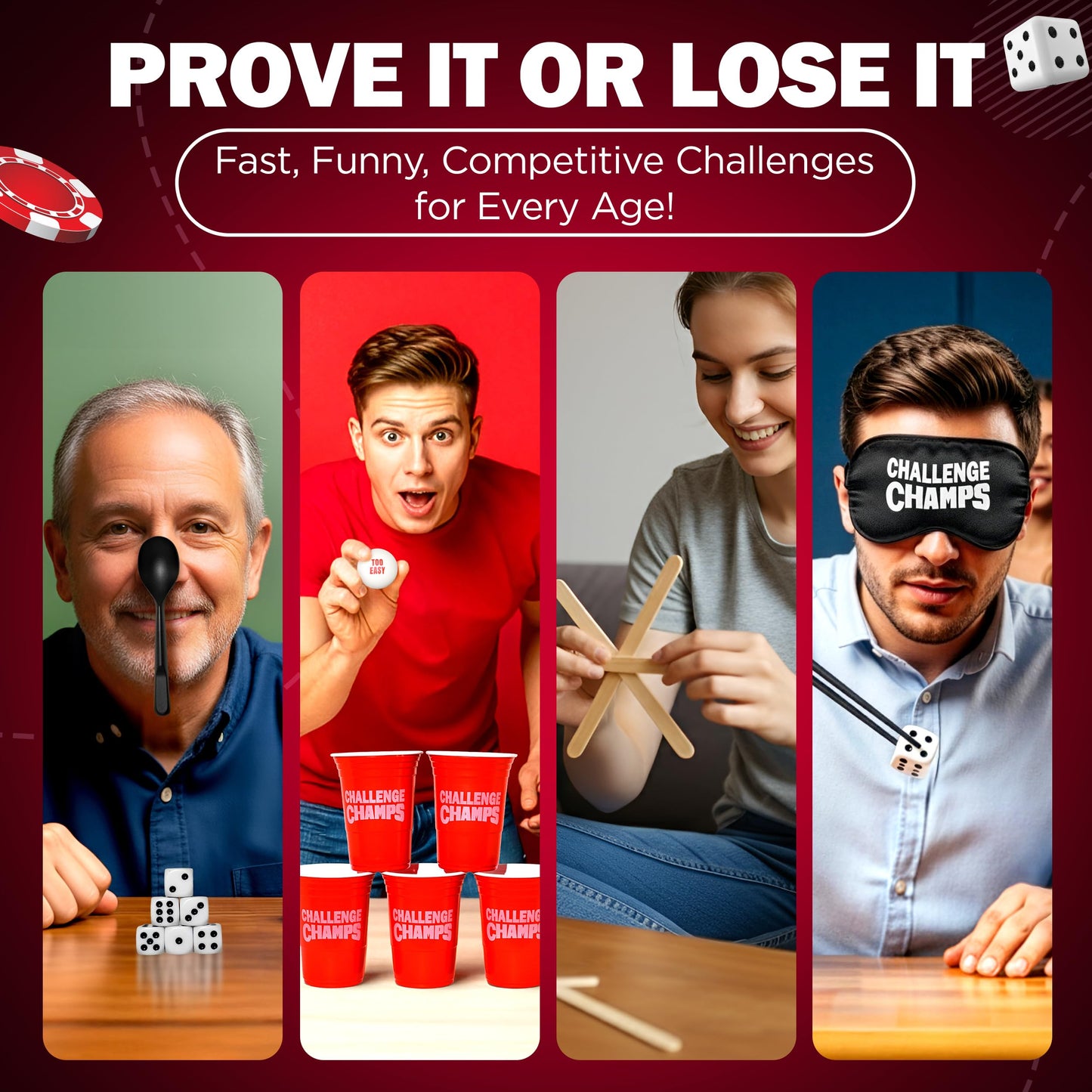 Challenge Champs Action Game – 200 Challenges for Team Building & Family Night (8+) with 10 Accessories