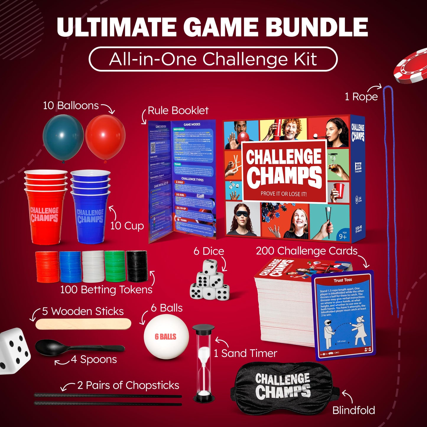 Challenge Champs Action Game – 200 Challenges for Team Building & Family Night (8+) with 10 Accessories