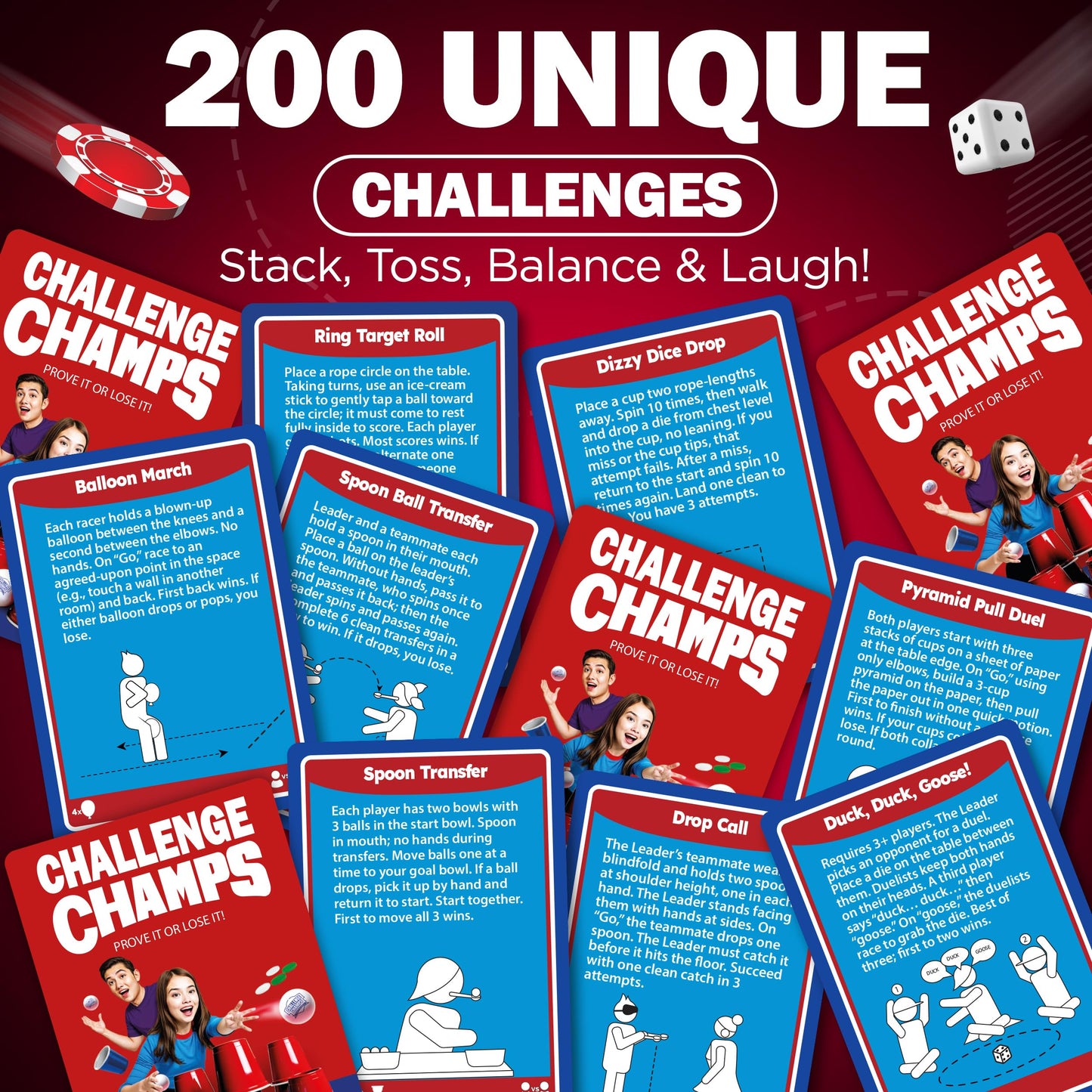 Challenge Champs Action Game – 200 Challenges for Team Building & Family Night (8+) with 10 Accessories