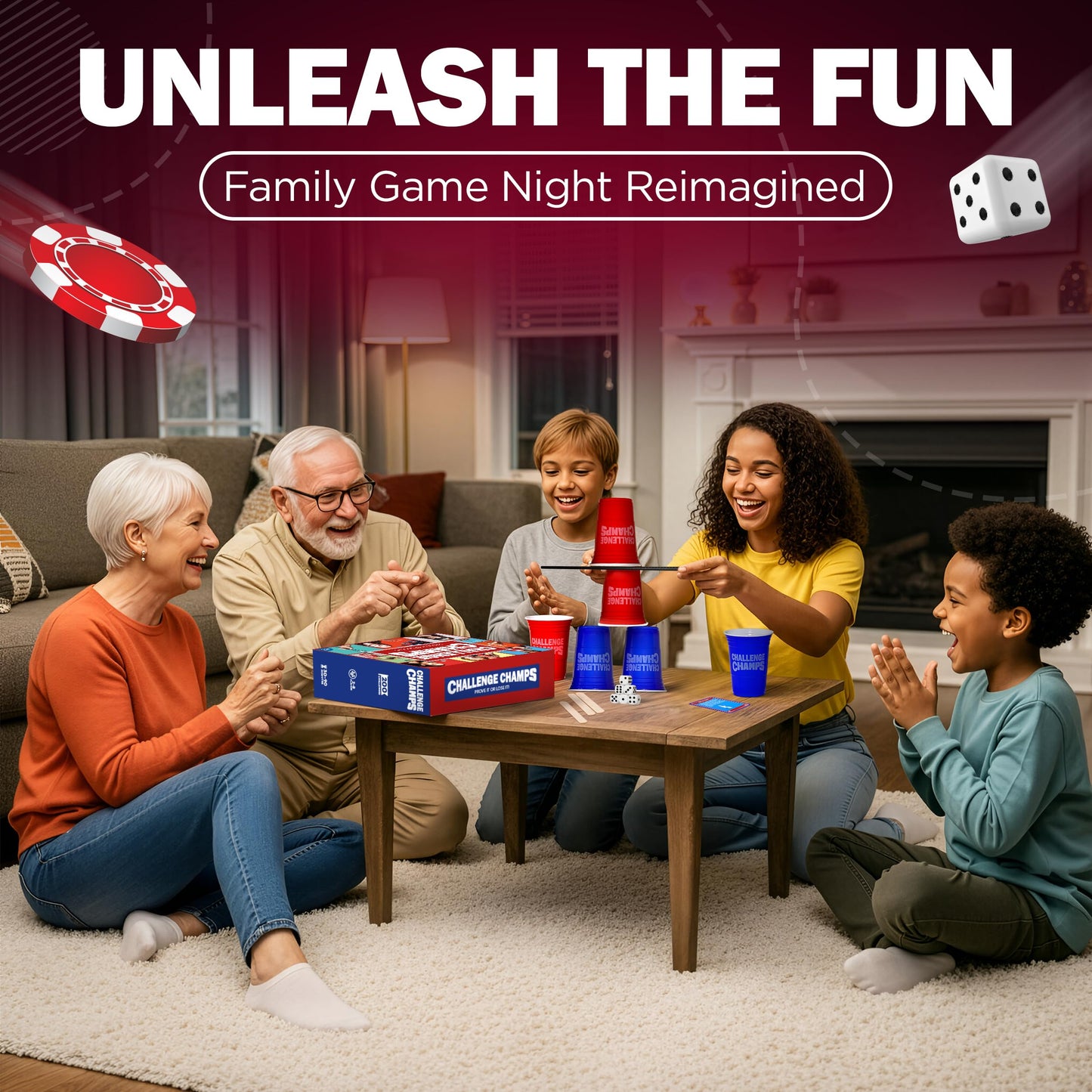 Challenge Champs Action Game – 200 Challenges for Team Building & Family Night (8+) with 10 Accessories