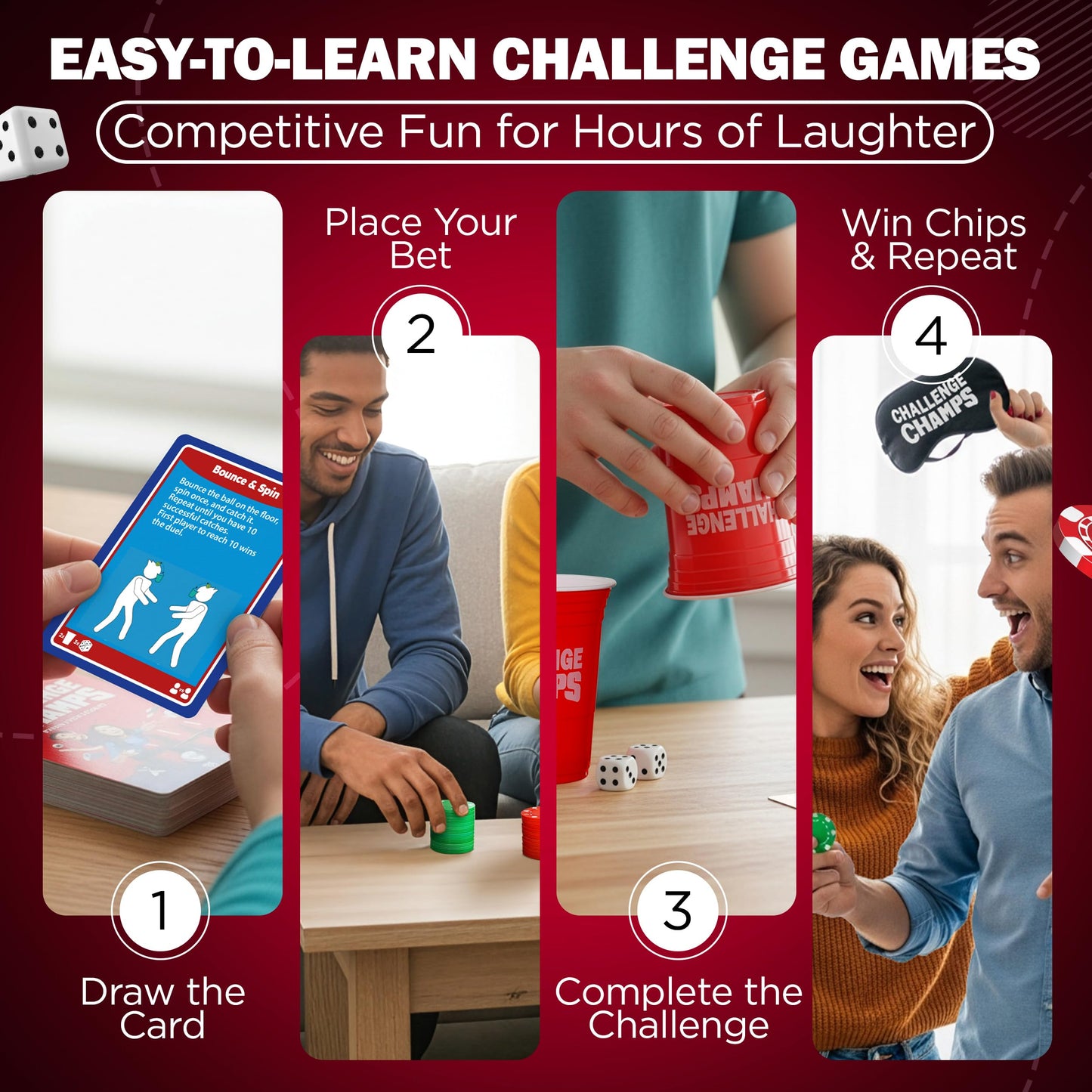 Challenge Champs Action Game – 200 Challenges for Team Building & Family Night (8+) with 10 Accessories