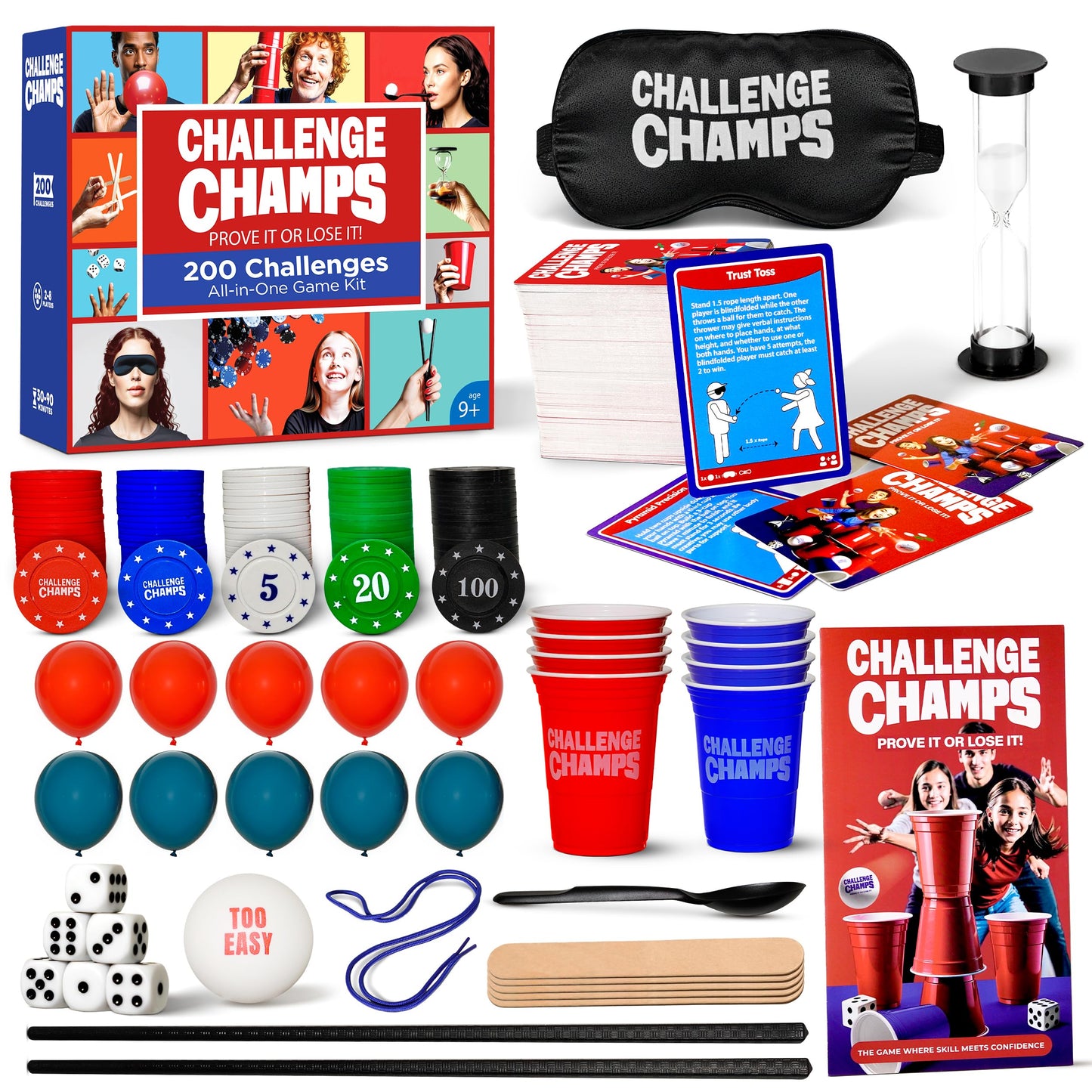 Challenge Champs Action Game – 200 Challenges for Team Building & Family Night (8+) with 10 Accessories