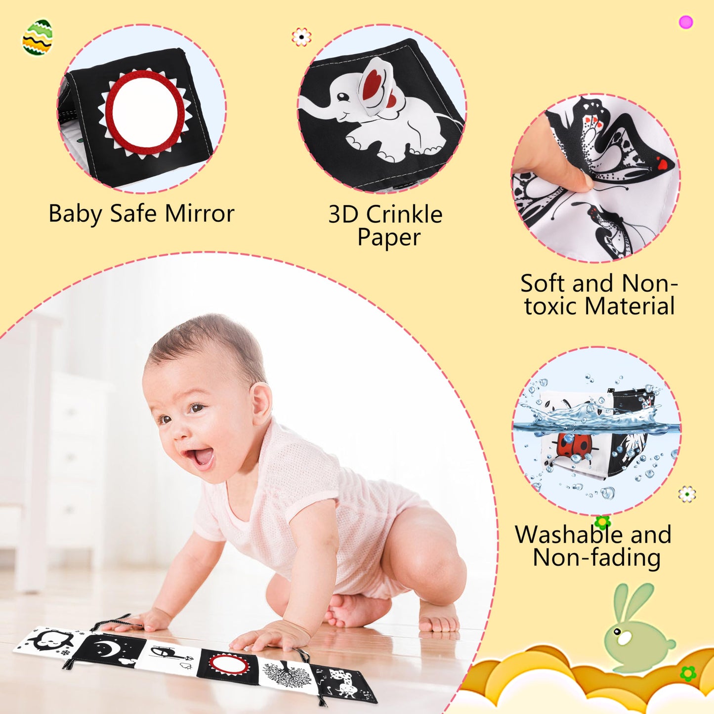 Chambom Black and White Baby Toys – High-Contrast Tummy Time Book & Sensory Montessori Toys for 0-12 Months