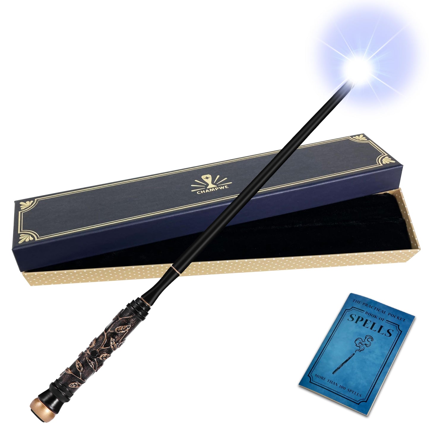 ChampWe Light Up Magic Wand with Spellbook & Gift Box | Rechargeable Illuminating Toy for Kids