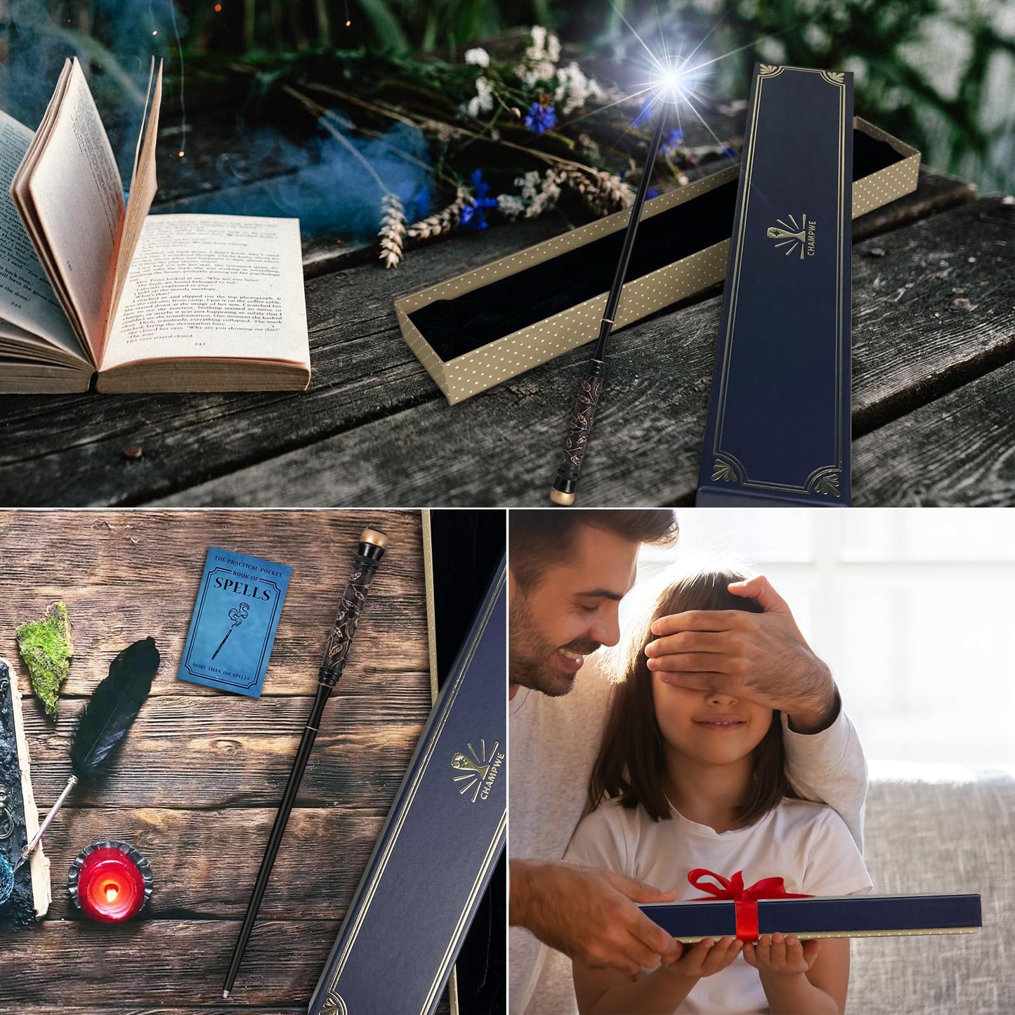 ChampWe Light Up Magic Wand with Spellbook & Gift Box | Rechargeable Illuminating Toy for Kids