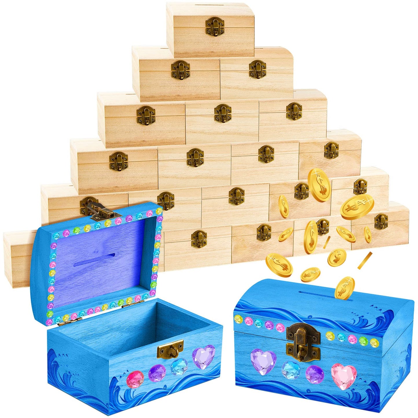 Chapou 24-Piece DIY Unfinished Wood Treasure Box Bank with Coin Slot – Paint Your Own Piggy Bank for Craft