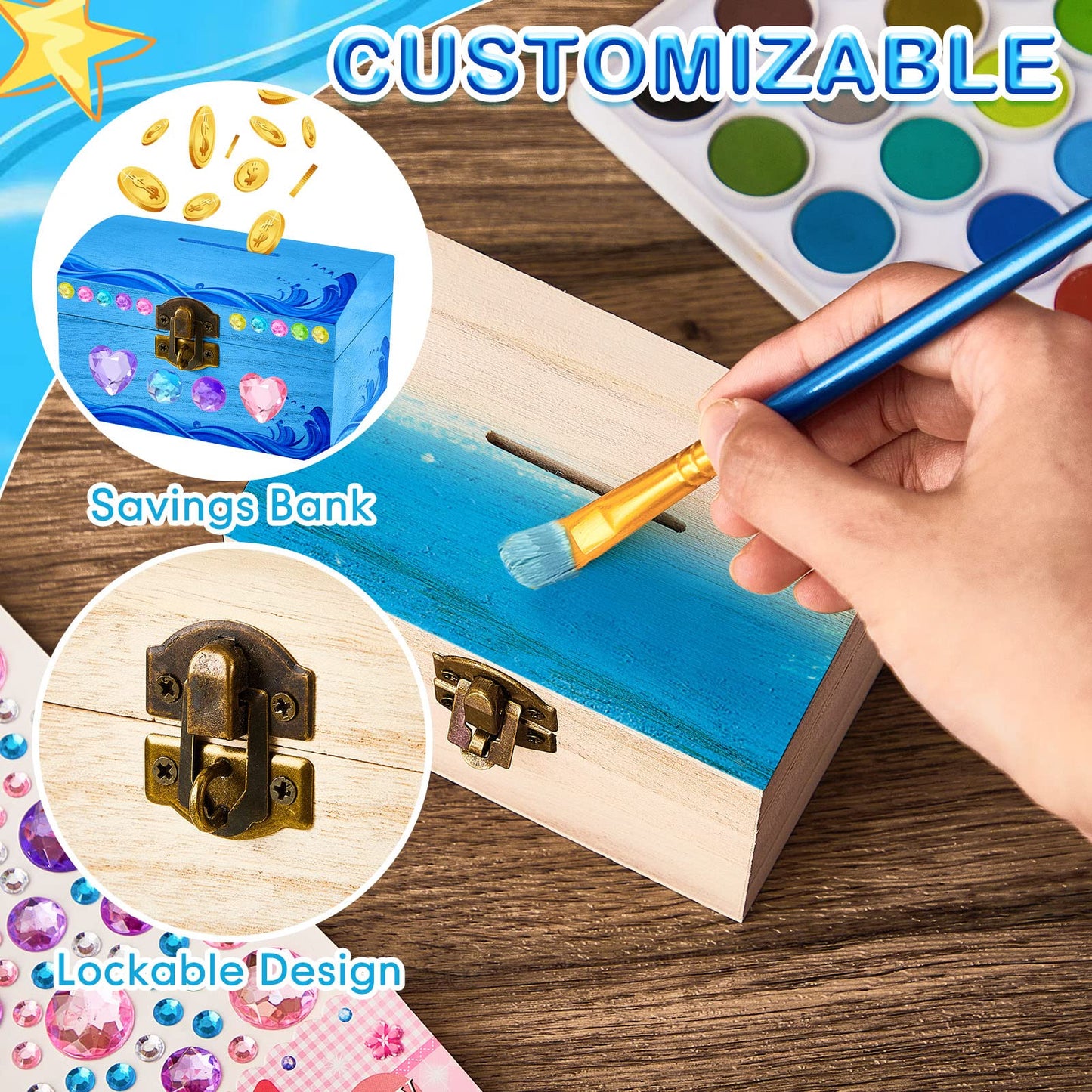 Chapou 24-Piece DIY Unfinished Wood Treasure Box Bank with Coin Slot – Paint Your Own Piggy Bank for Craft